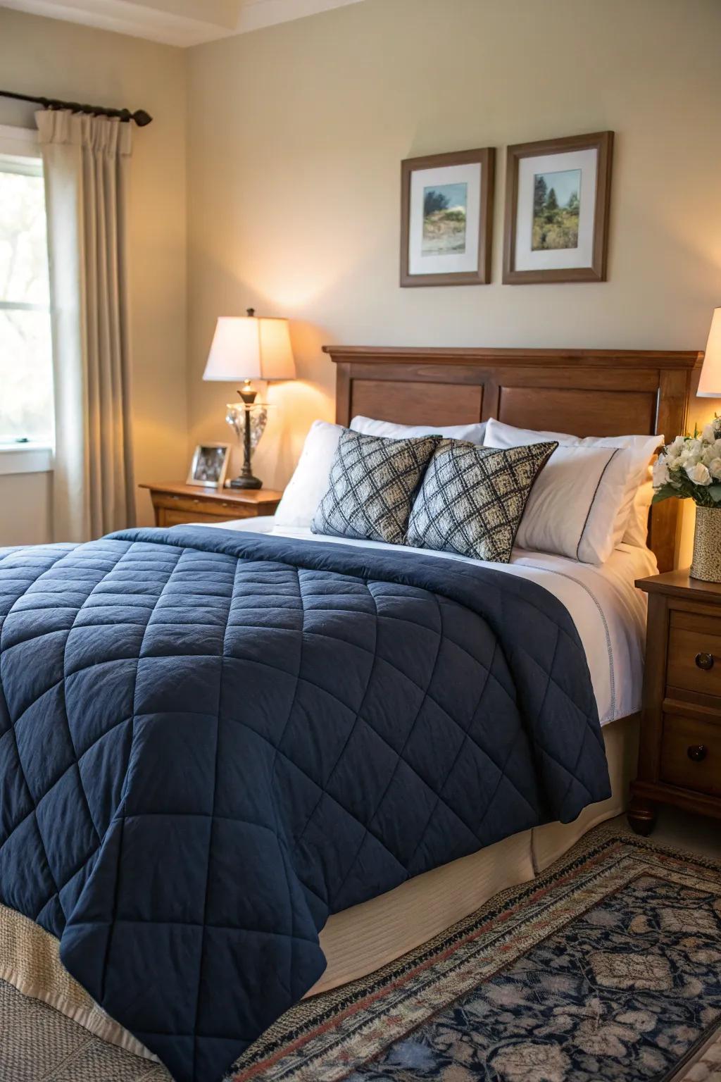 Add warmth using a textured stitched sea blue comforter.