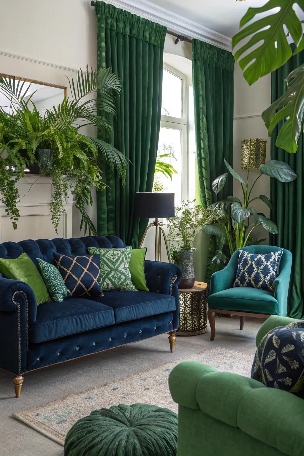 Indoor plants complement the verdant shades and enhance vibrancy.