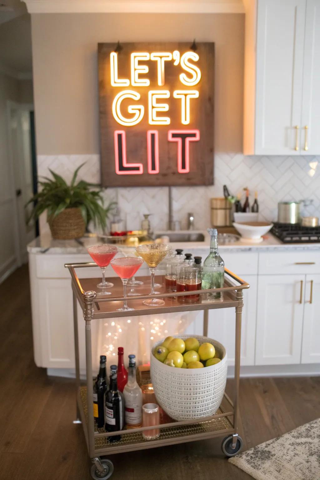 A playful neon art adds fun to a modern kitchen mixology area.