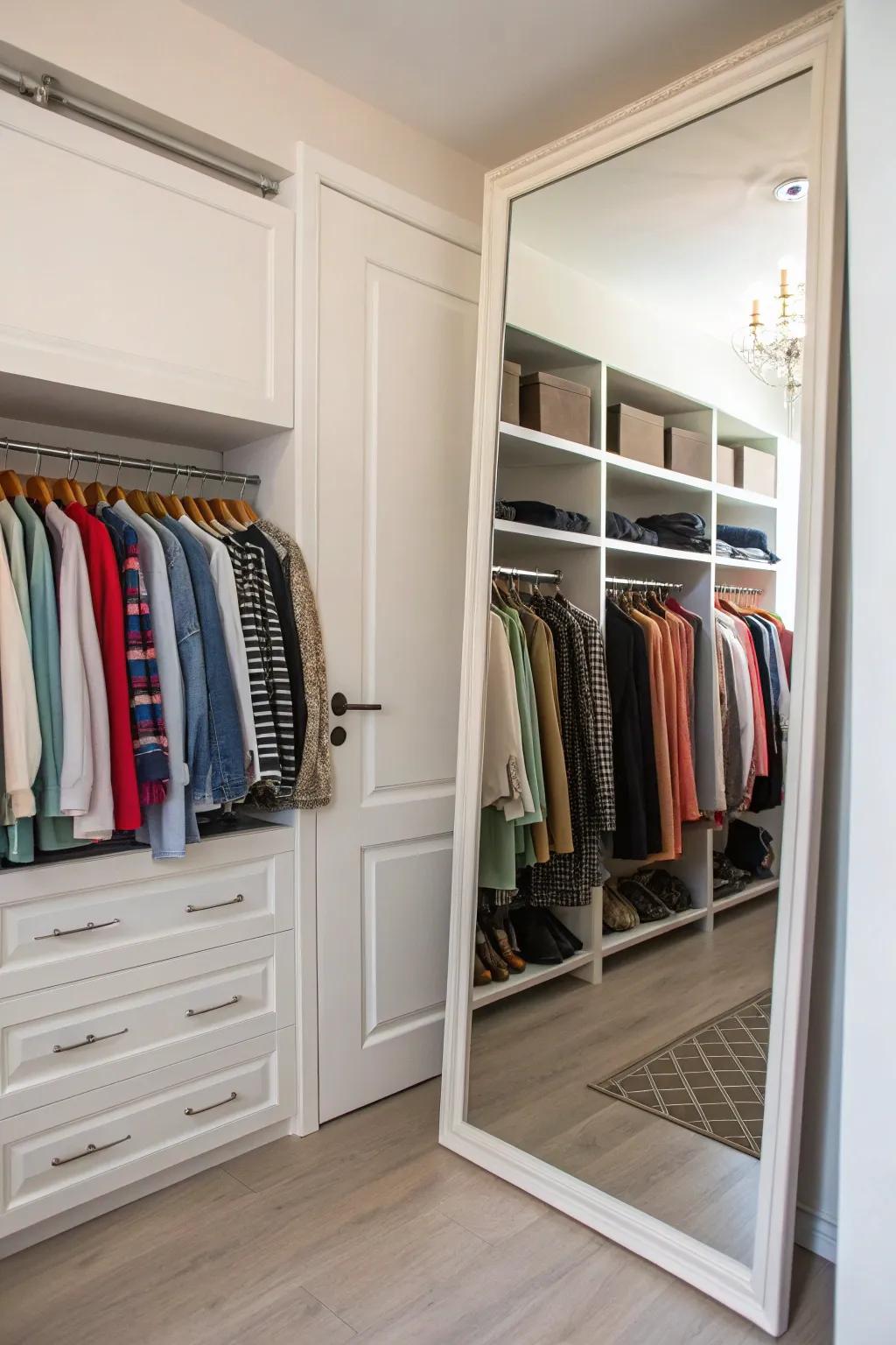 Open closet made better by a big mirror