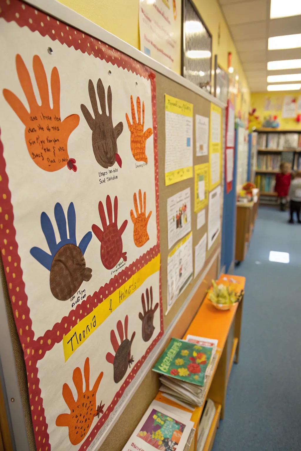 A display showcasing handprint turkeys.