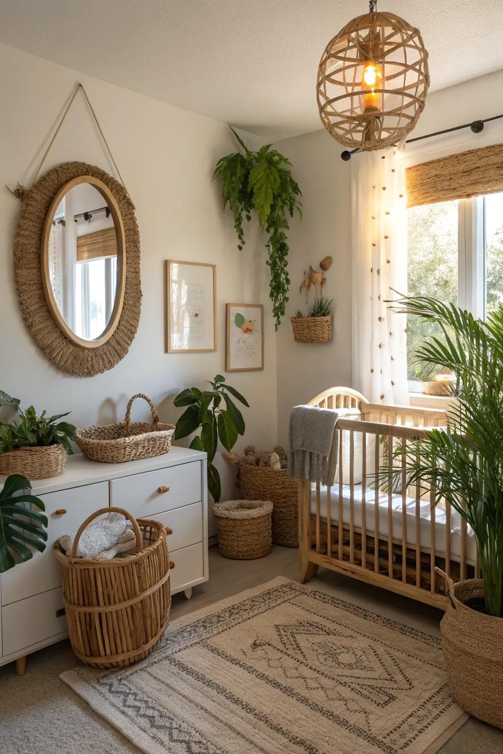 A wicker-framed reflector contributes an earthy touch to this nursery.