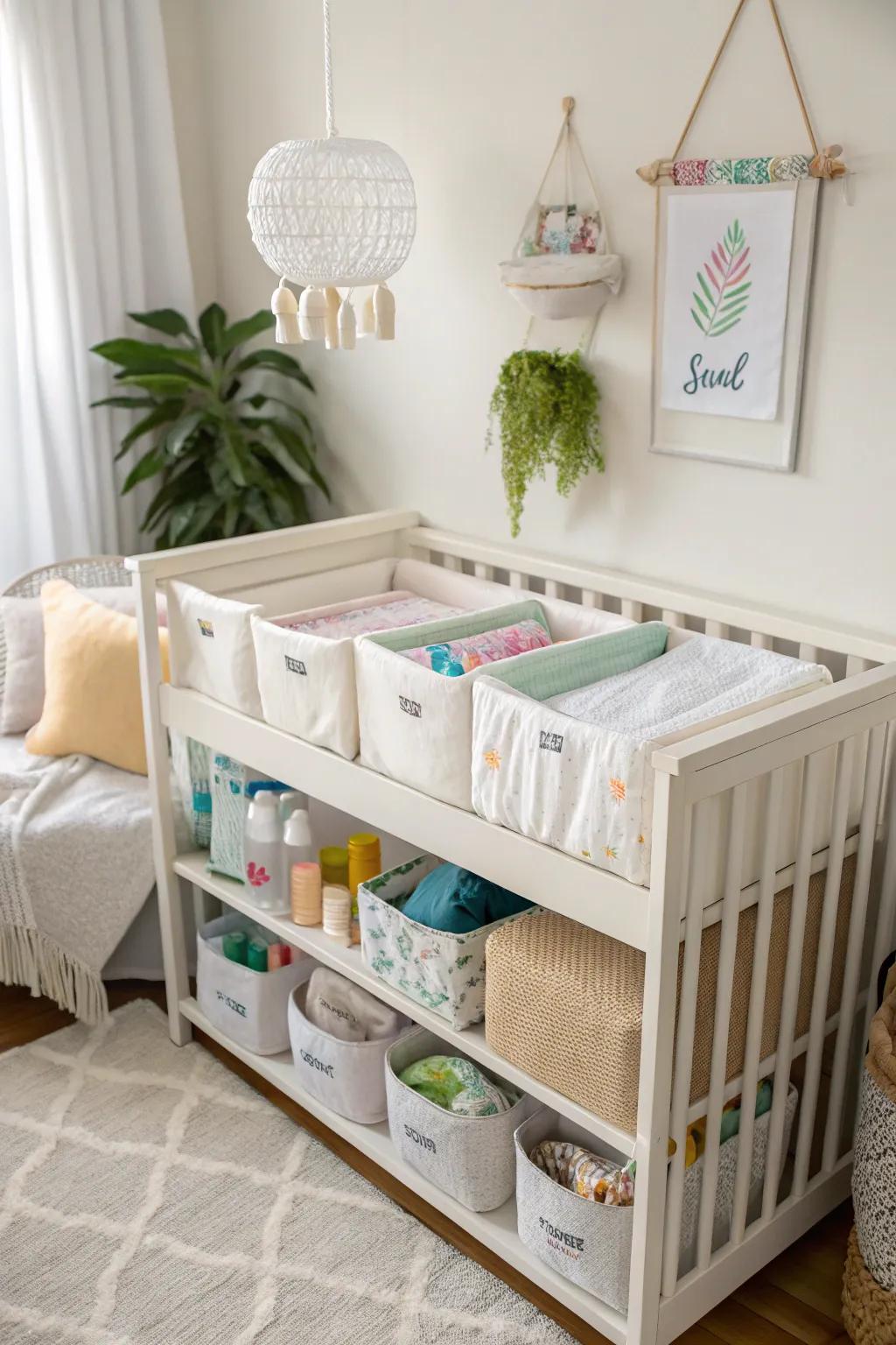Efficient utilization of under-bassinet space with storage containers for additional items.