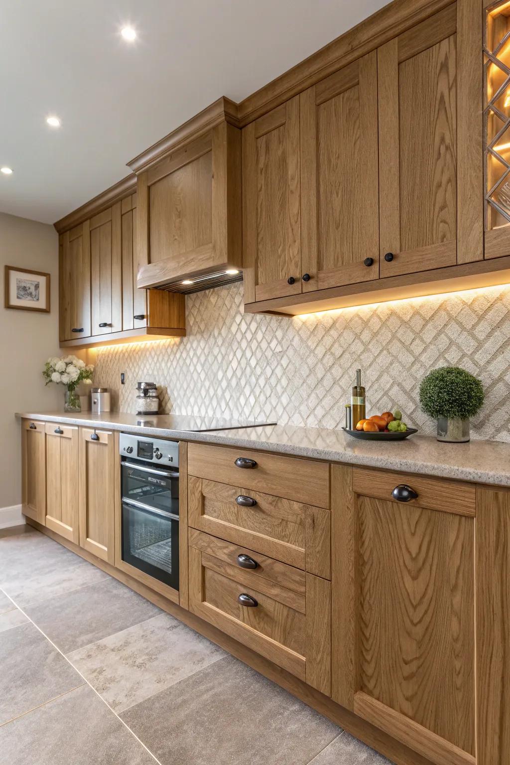 Sculpted backsplashes amplify the visual allure of oak kitchens.