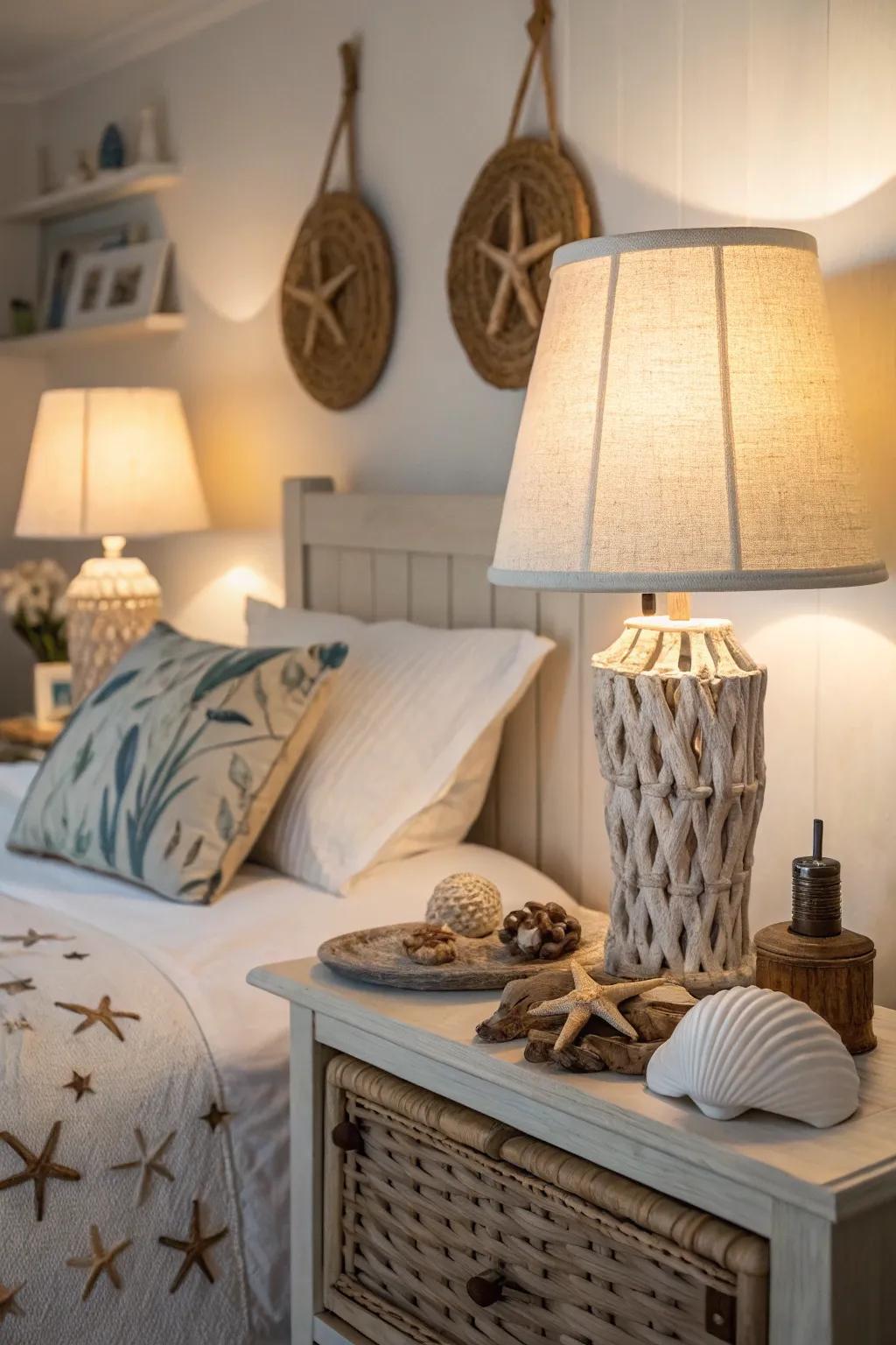 Ambient lighting establishes a cozy and welcoming atmosphere in your ocean-themed bedroom.