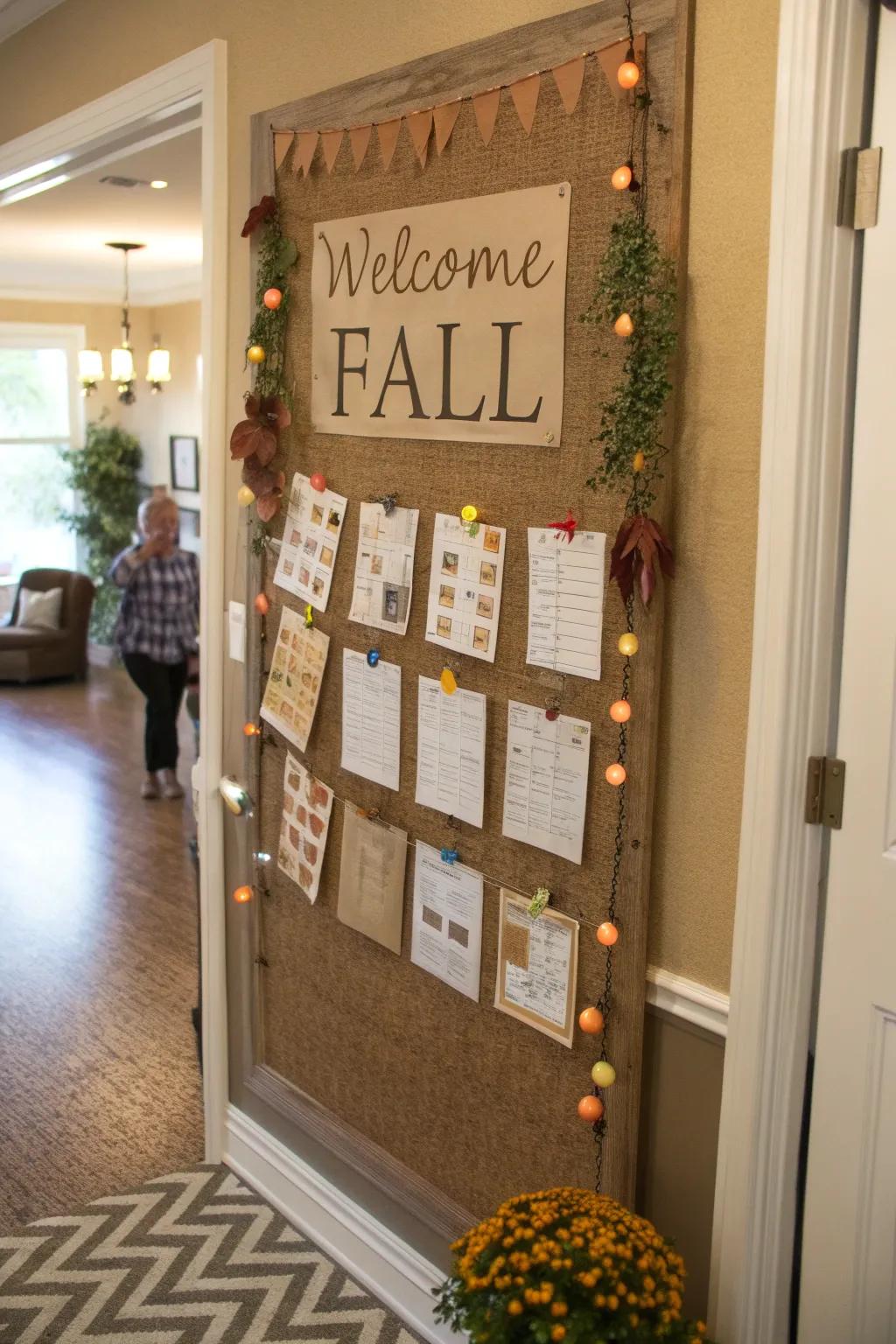 An entryway bulletin board featuring a welcoming autumnal theme.