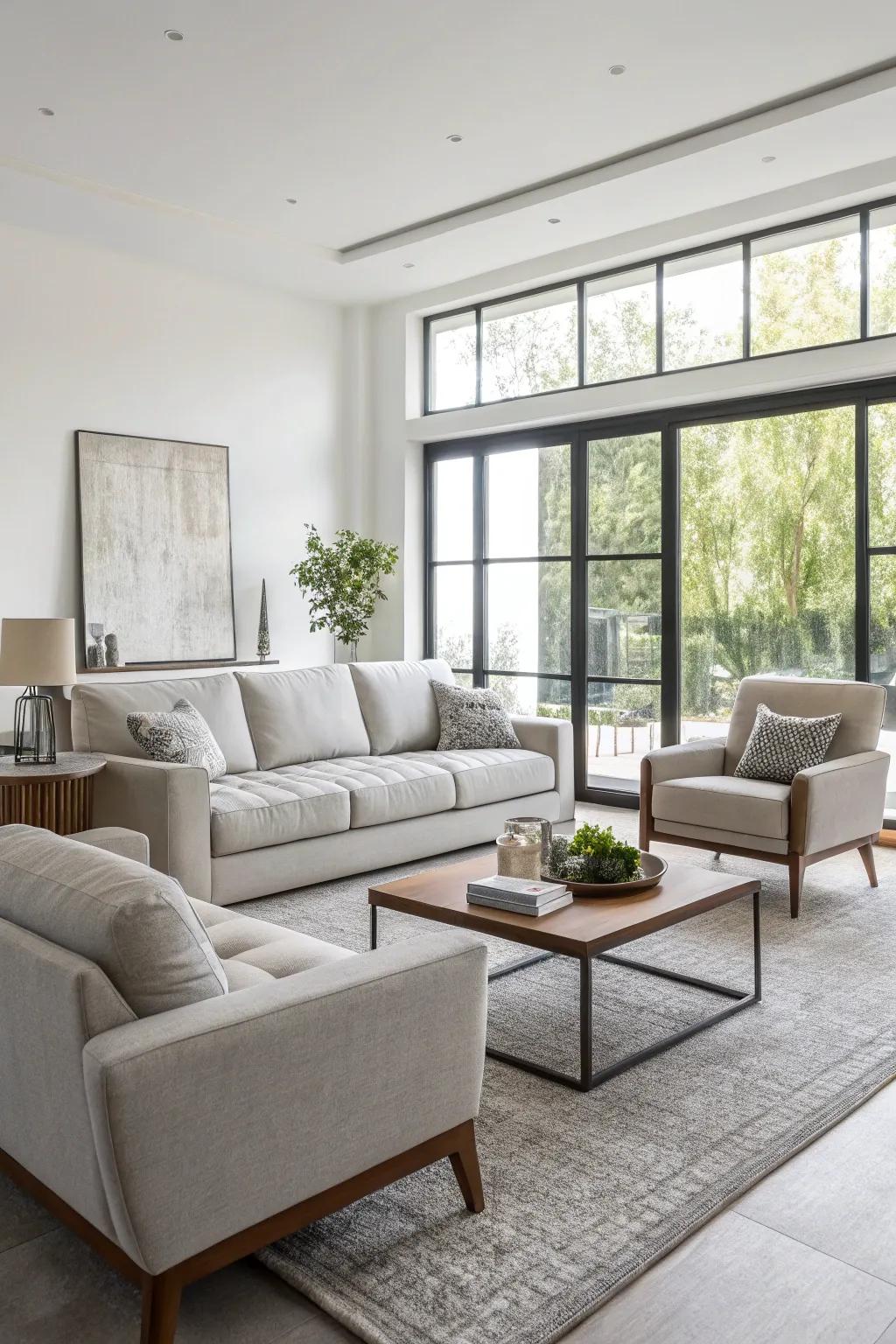 Modern furniture with crisp lines enhances the off-white aesthetic.