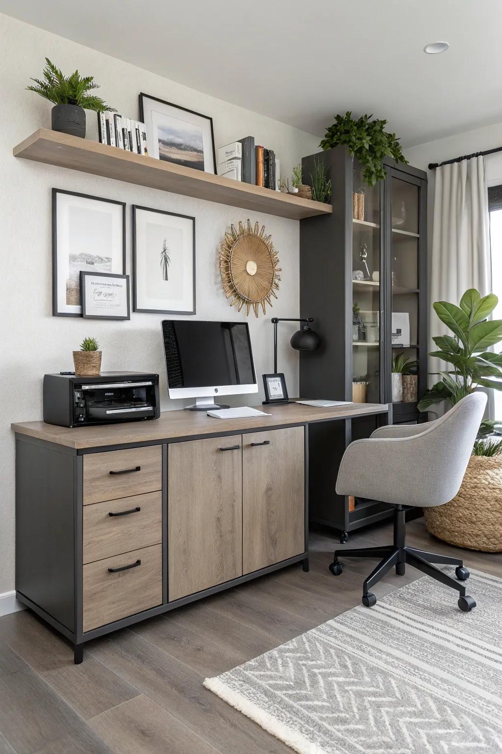 Enhance your office using a stylish credenza cabinet.