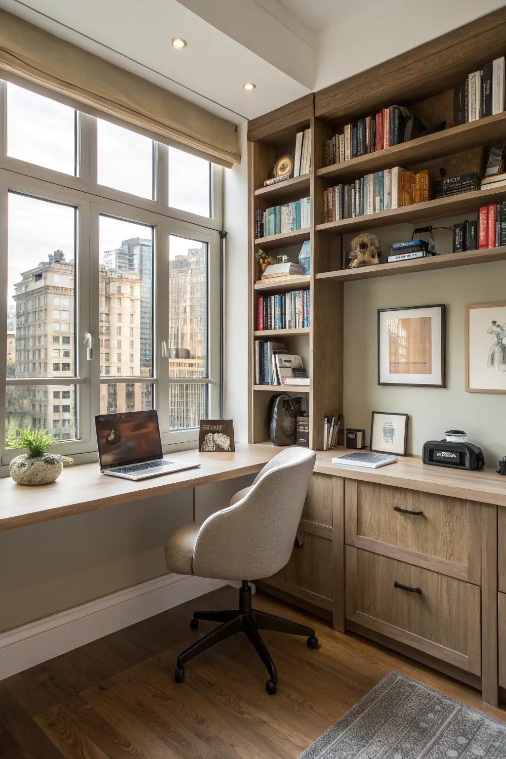 Optimize your workspace using a corner workstation complete with built-in shelves.