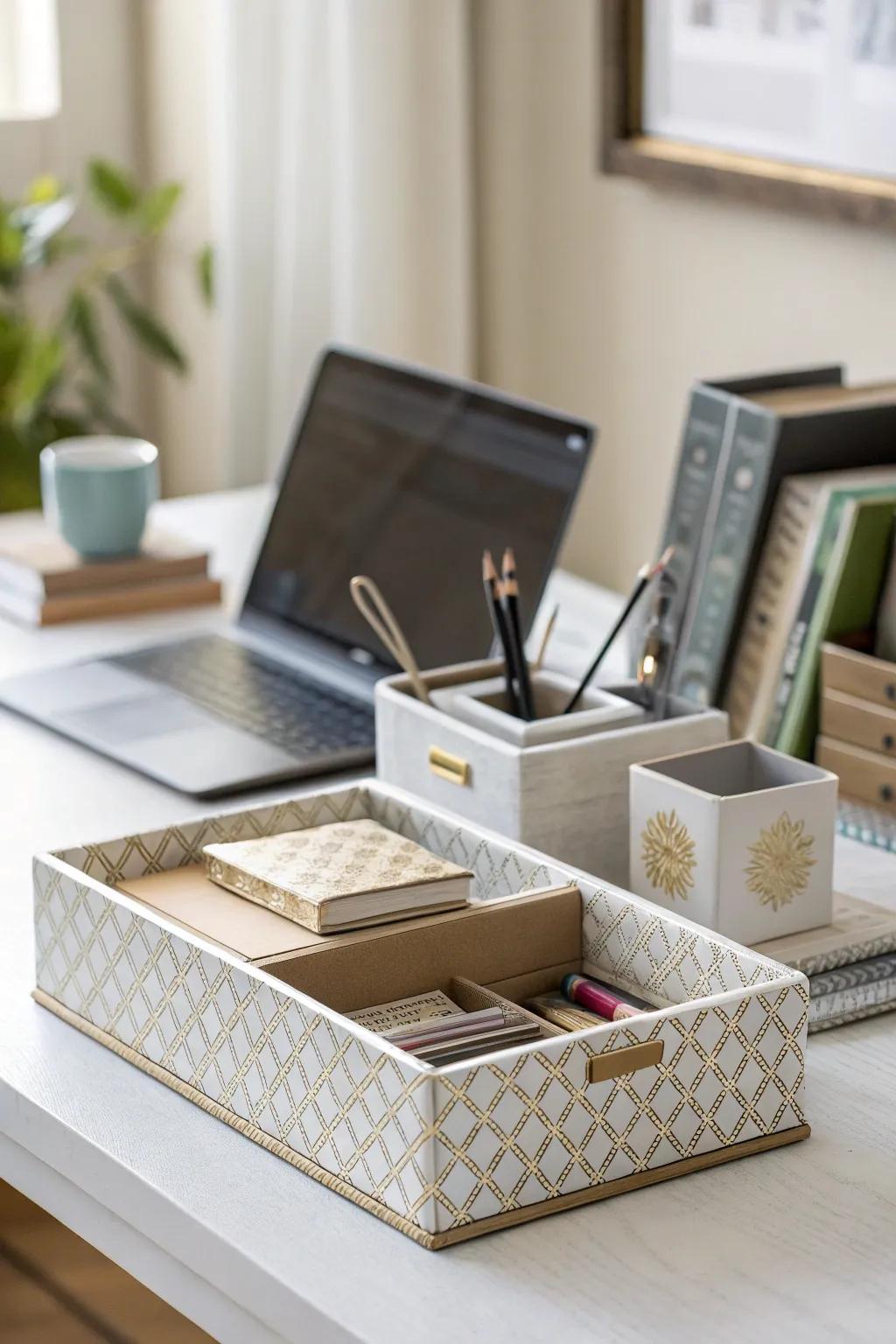 Stylish organizers keep your workspace tidy and elegant.