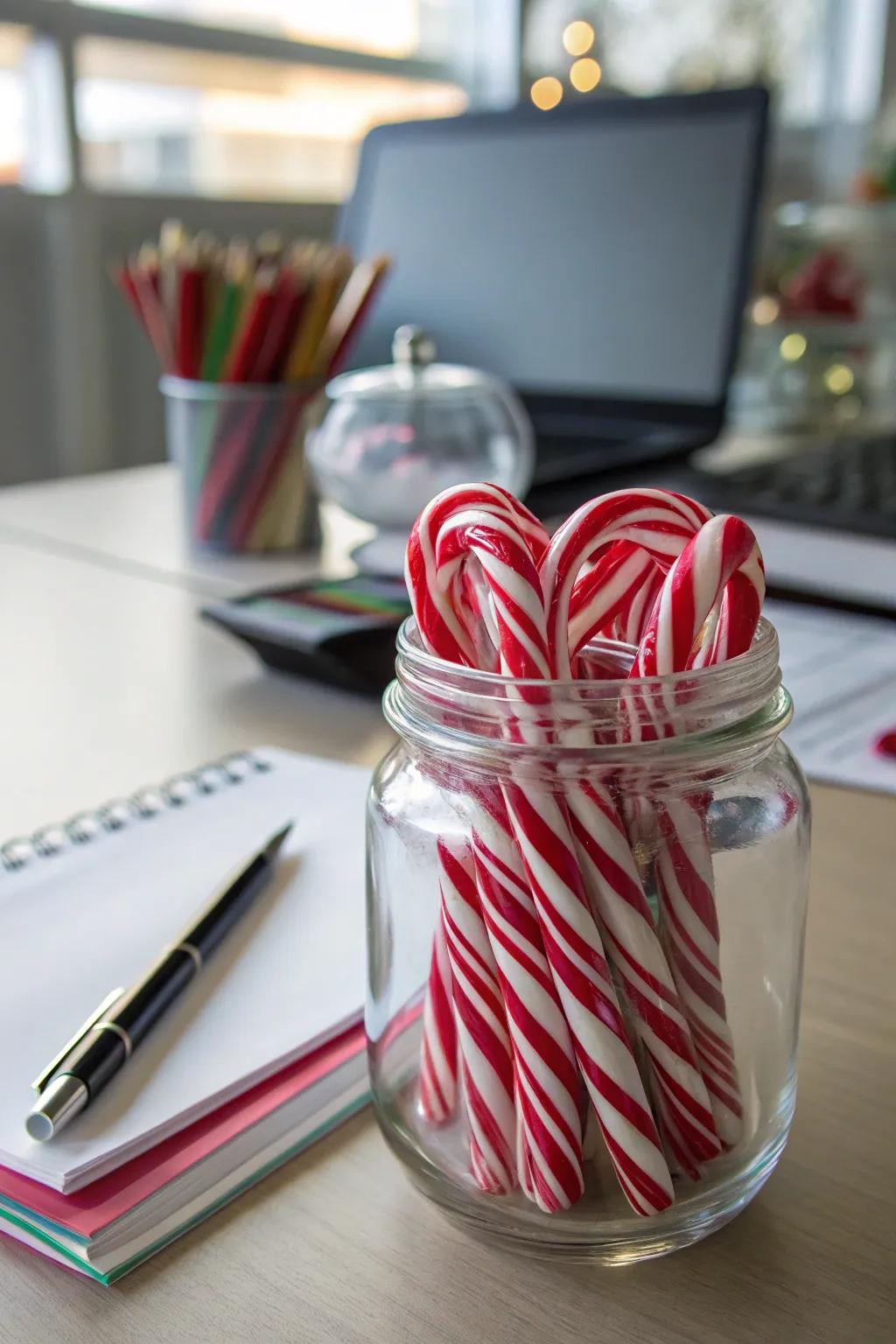 A container of striped goodness offers a delightful seasonal enhancement.