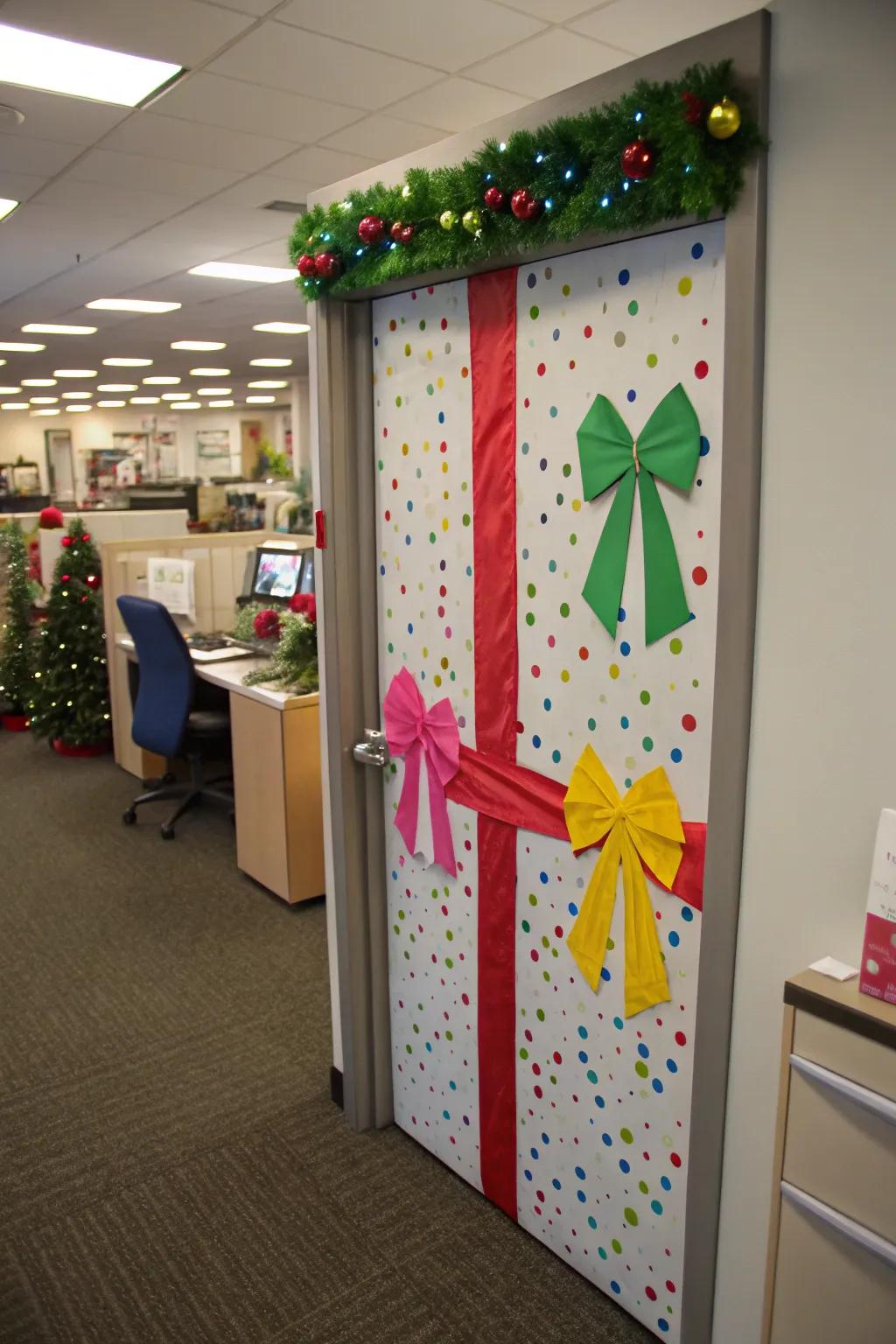 Gift your workplace a festive look using a wrapped gift door.