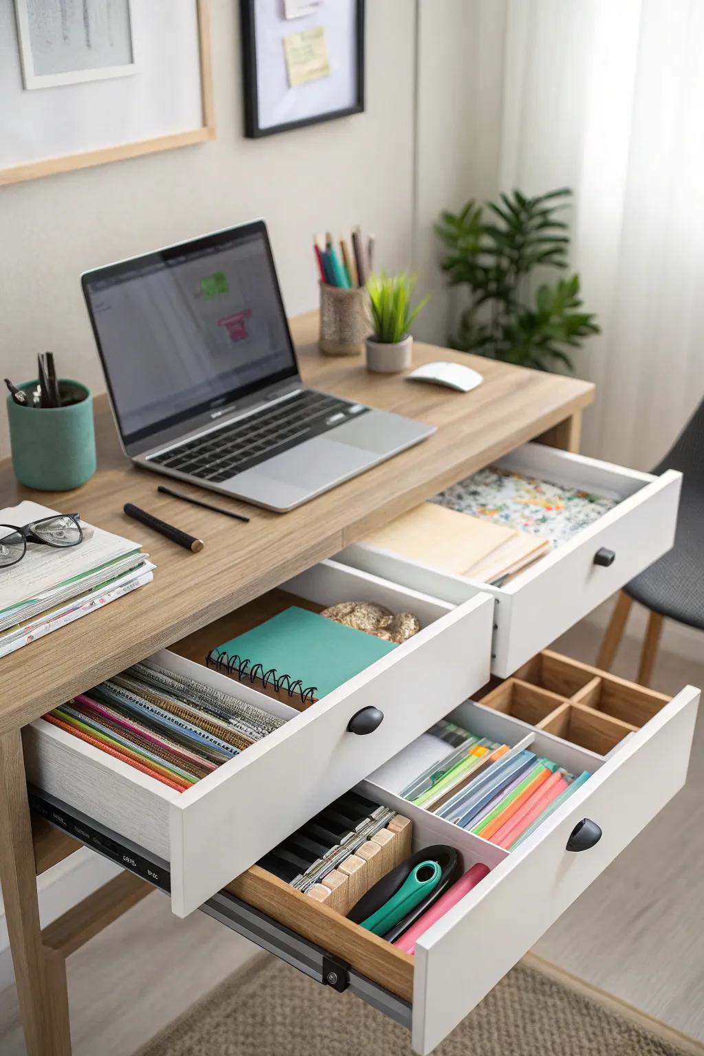 Using the area under your desk to keep your work zone clutter-free.