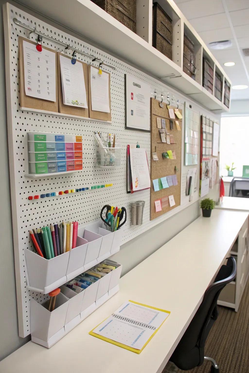 A well-organized office featuring stylish and functional wall décor.