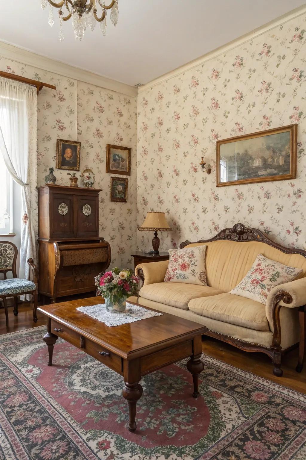 Patterned wall covering changes with old-world charm.