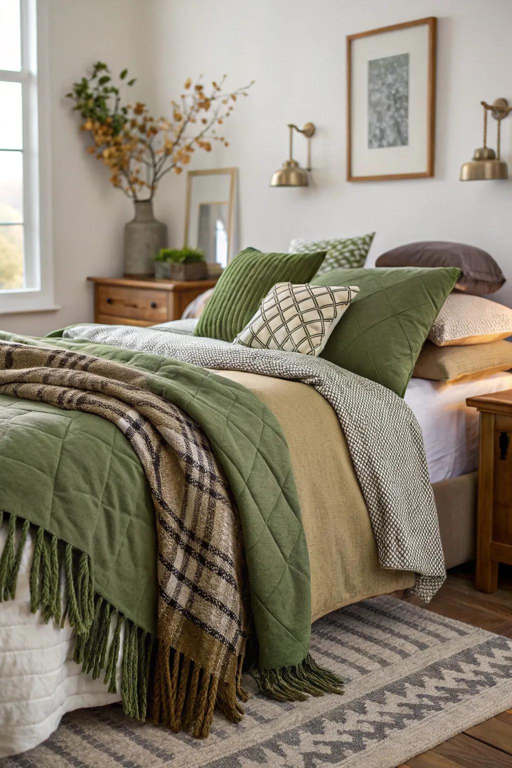 Layered throws increase the coziness of olive green bedding.