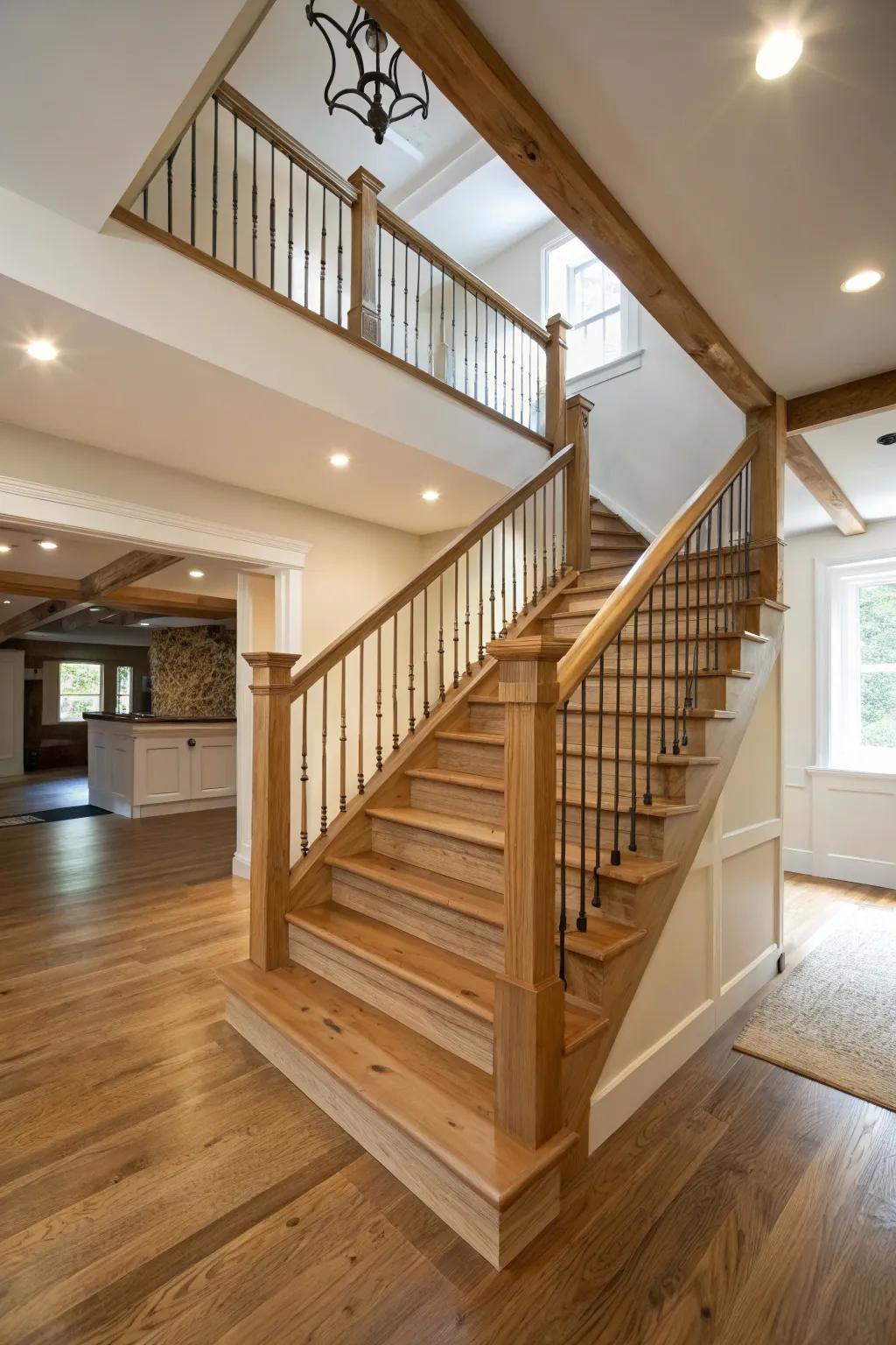 Open risers contribute to a sunlit and airy staircase aesthetic.