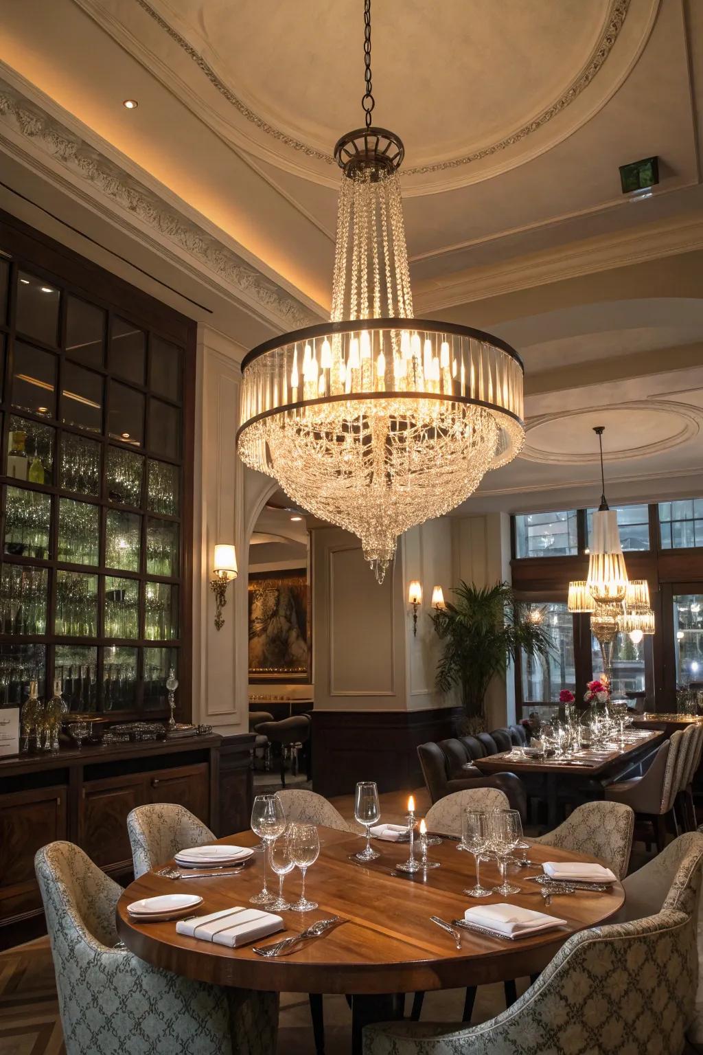 A dining space enhanced by a gorgeous chandelier and hanging lights.