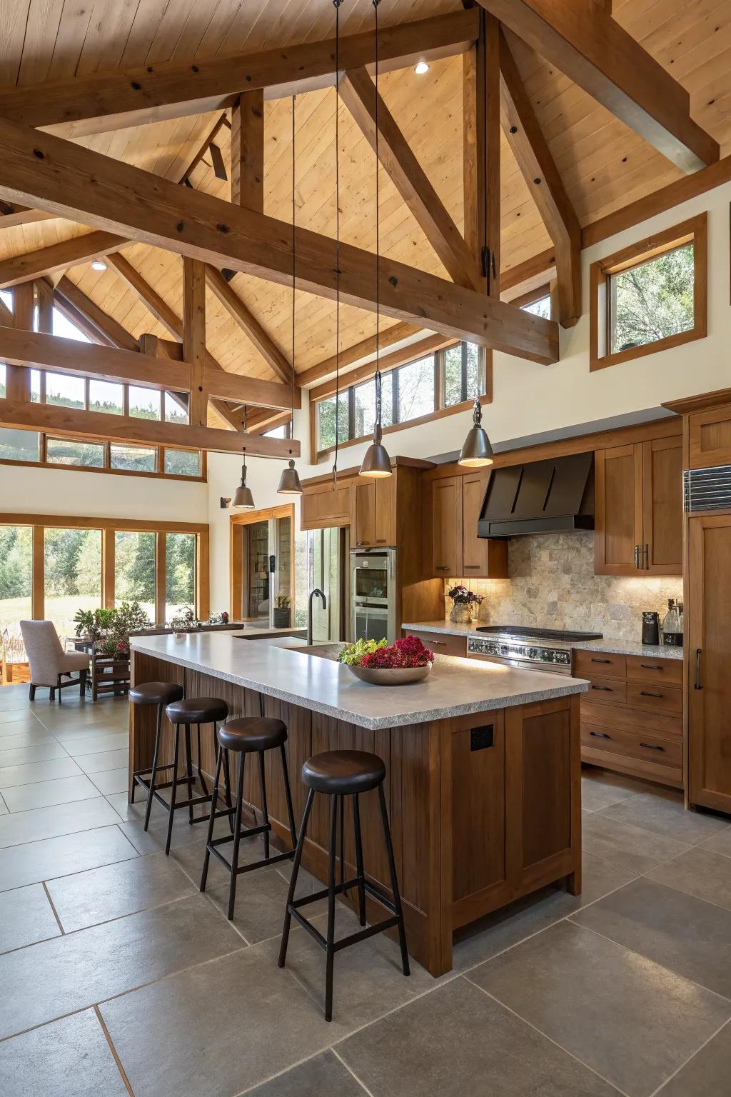 Elevated ceilings enhance the kitchen's feeling of openness.