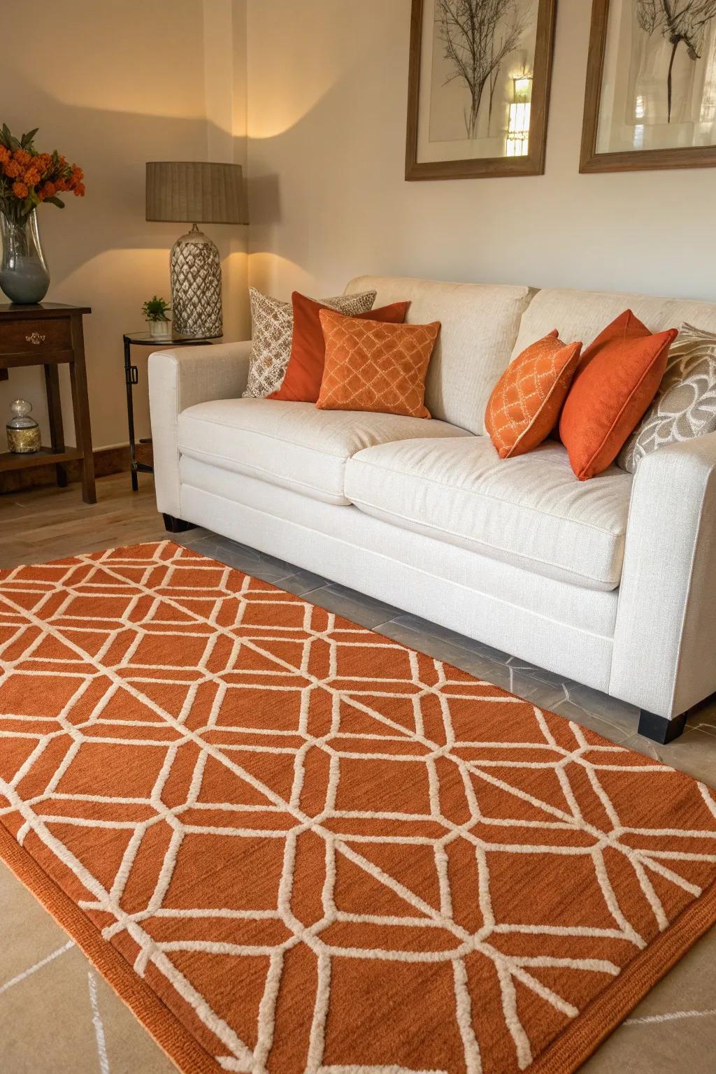 Geometric designs in tangerine create a dynamic appearance in a chic living room.