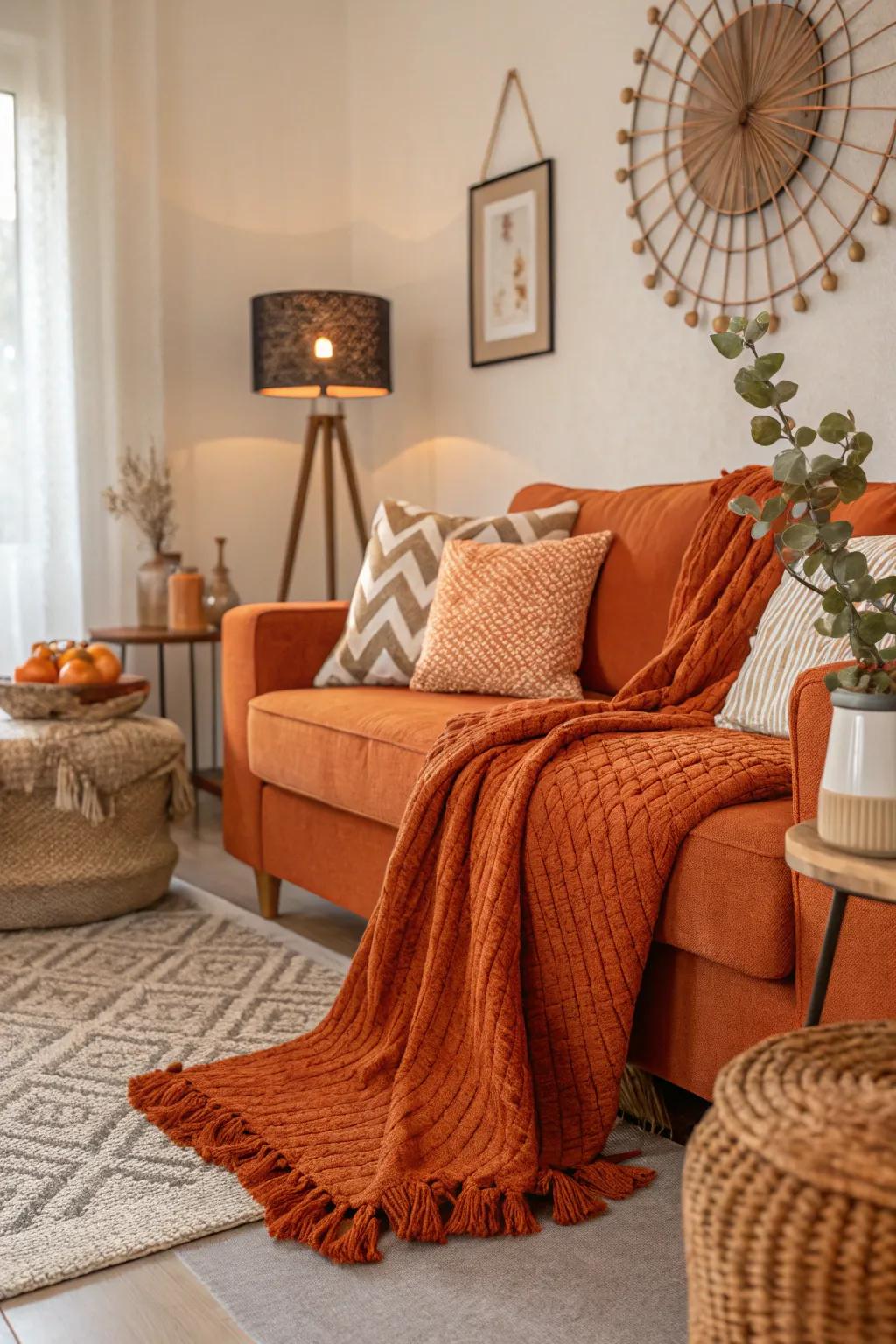 A lounge with orange textured d&eacute;cor and layered fabrics, crafting a snug atmosphere.