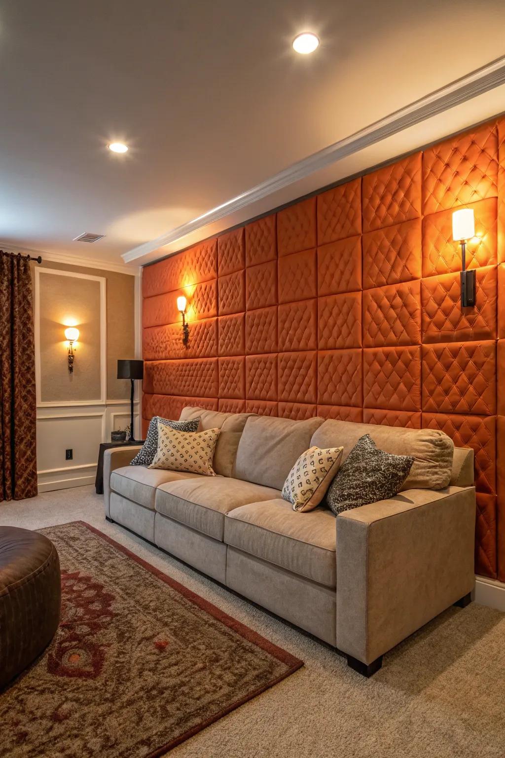 A family space featuring textured tangerine panels that add depth and warmth.