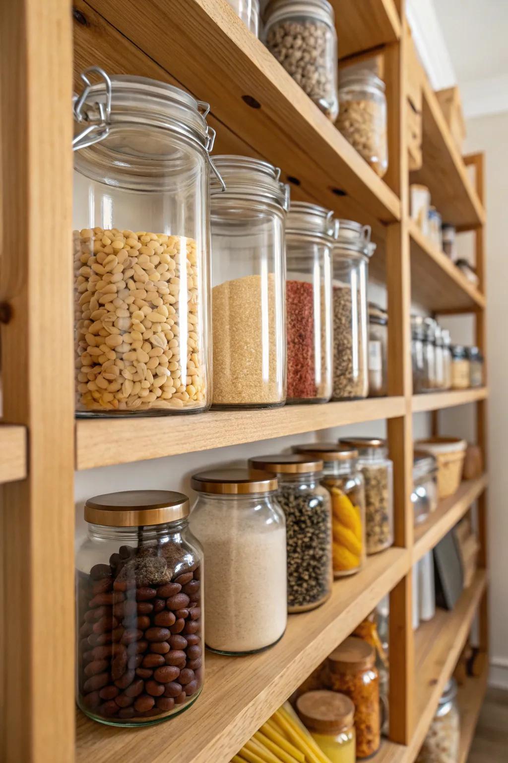 Clear jars create a cohesive pantry display