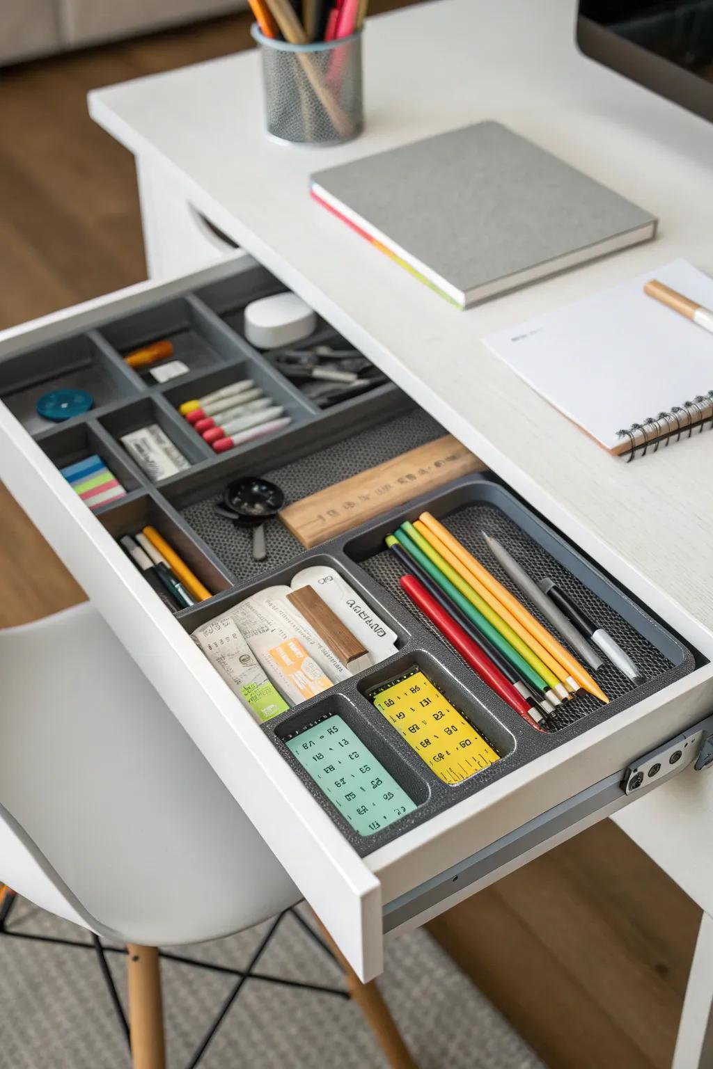 Drawer partitions retain small items from becoming cluttered.