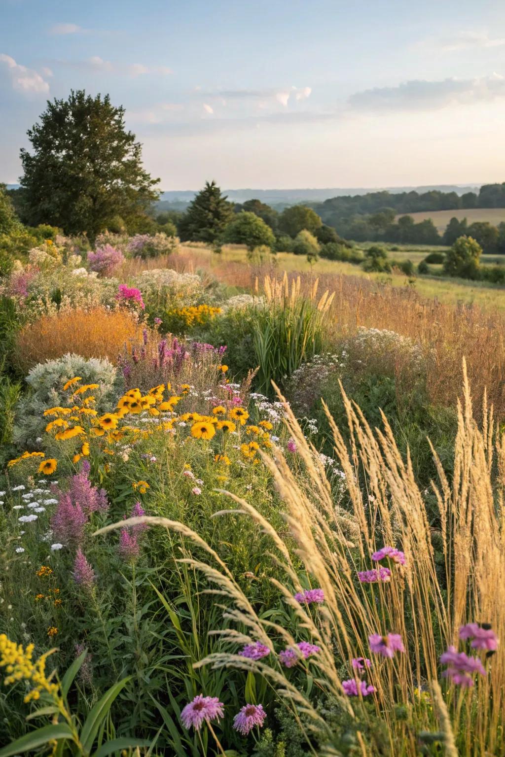 A meadow garden featuring a mix of grasses and wildflowers.