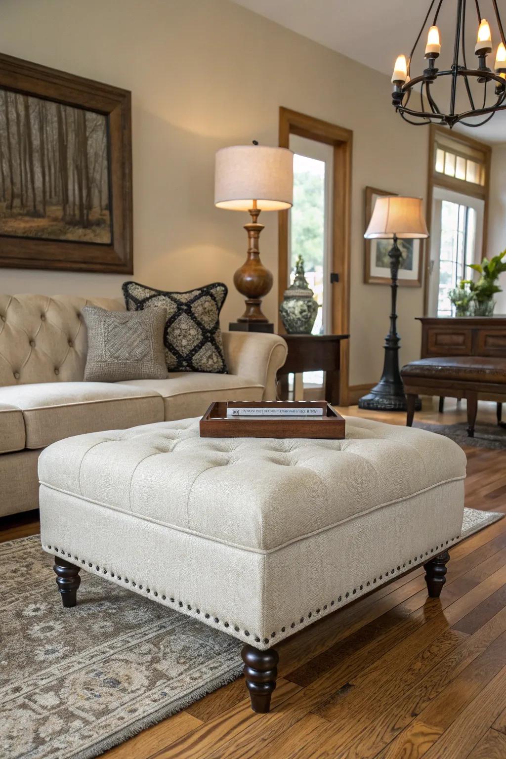 A harmonious blend of modern and classic styles with a central ottoman.