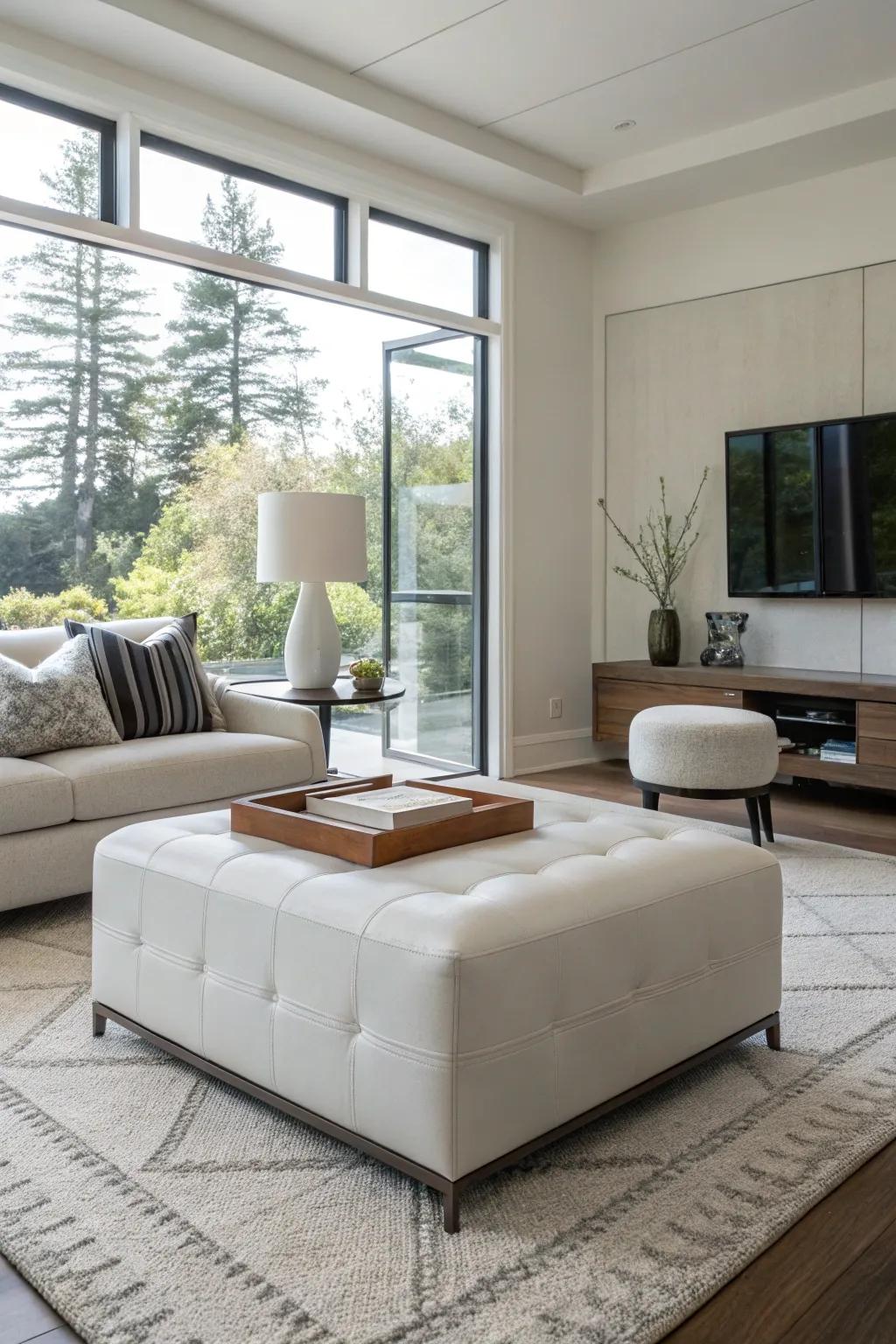 A minimalist ottoman gives a polished touch to a modern living room.