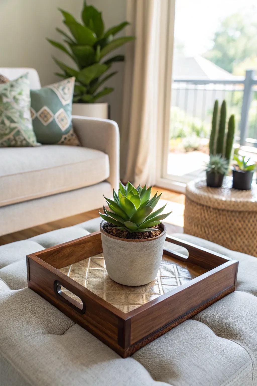 Include greenery with a compact plant.