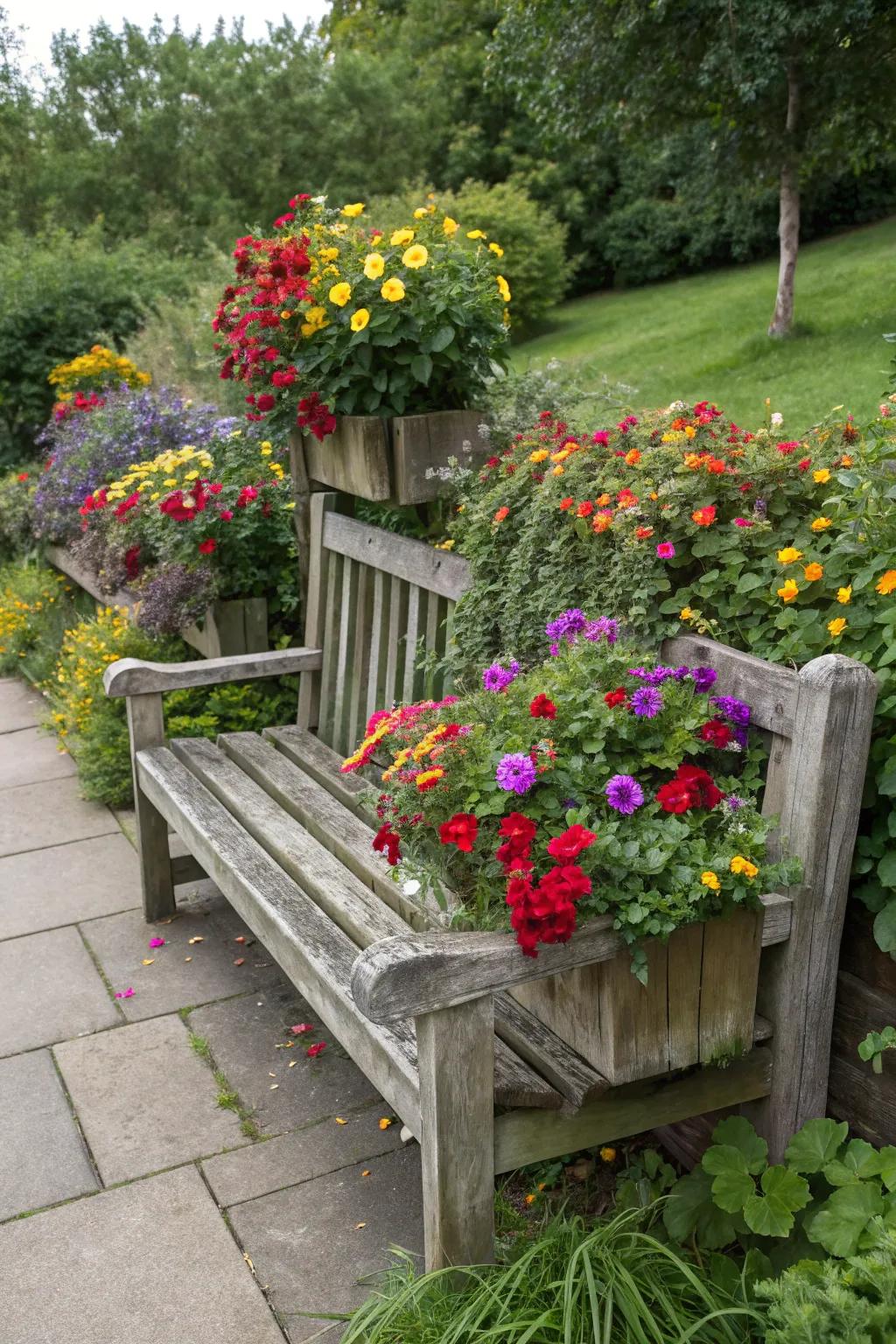 A bench that pairs comfortable seating with lively planters.