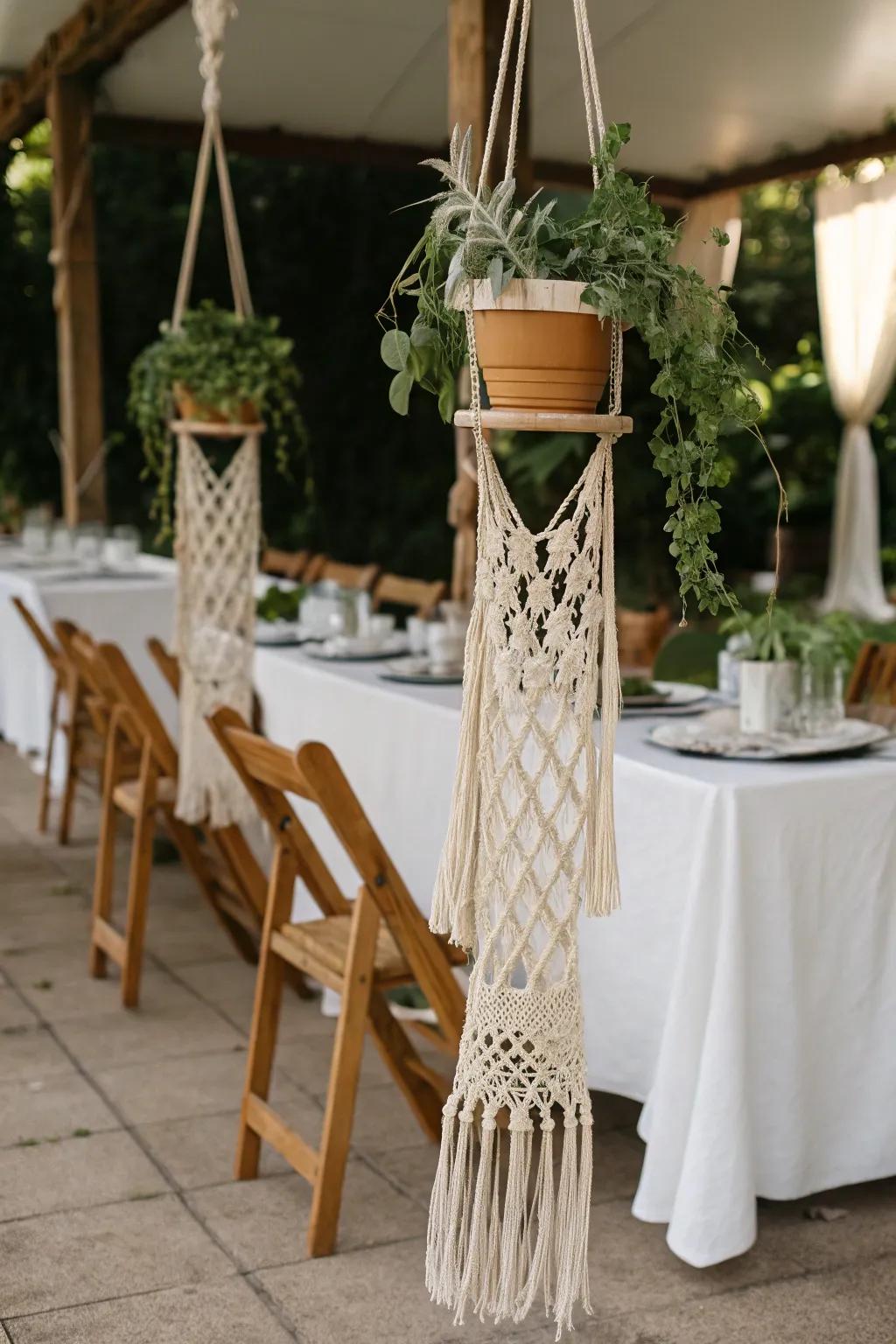 Exquisite woven art accents enhance the boho wedding decorations.