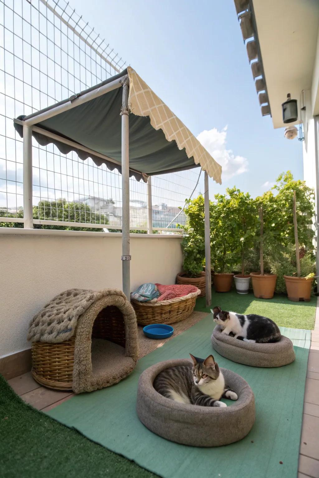 A snug, shaded spot for feline relaxation and sanctuary.