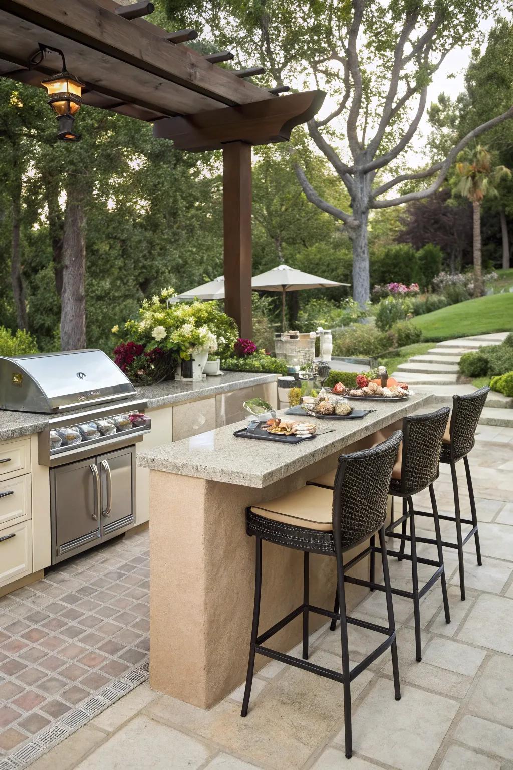 A grilling zone with counter seating for a lively social ambiance.