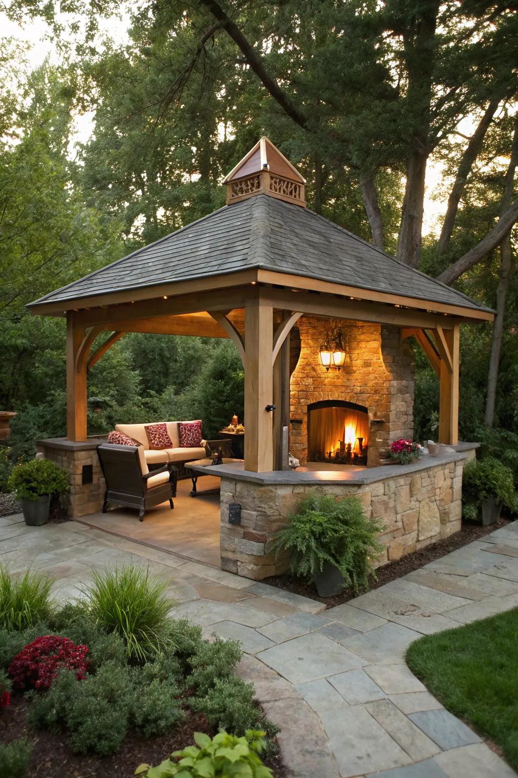 Add to the warmth and charm using a fireplace inside your outdoor kitchen gazebo.