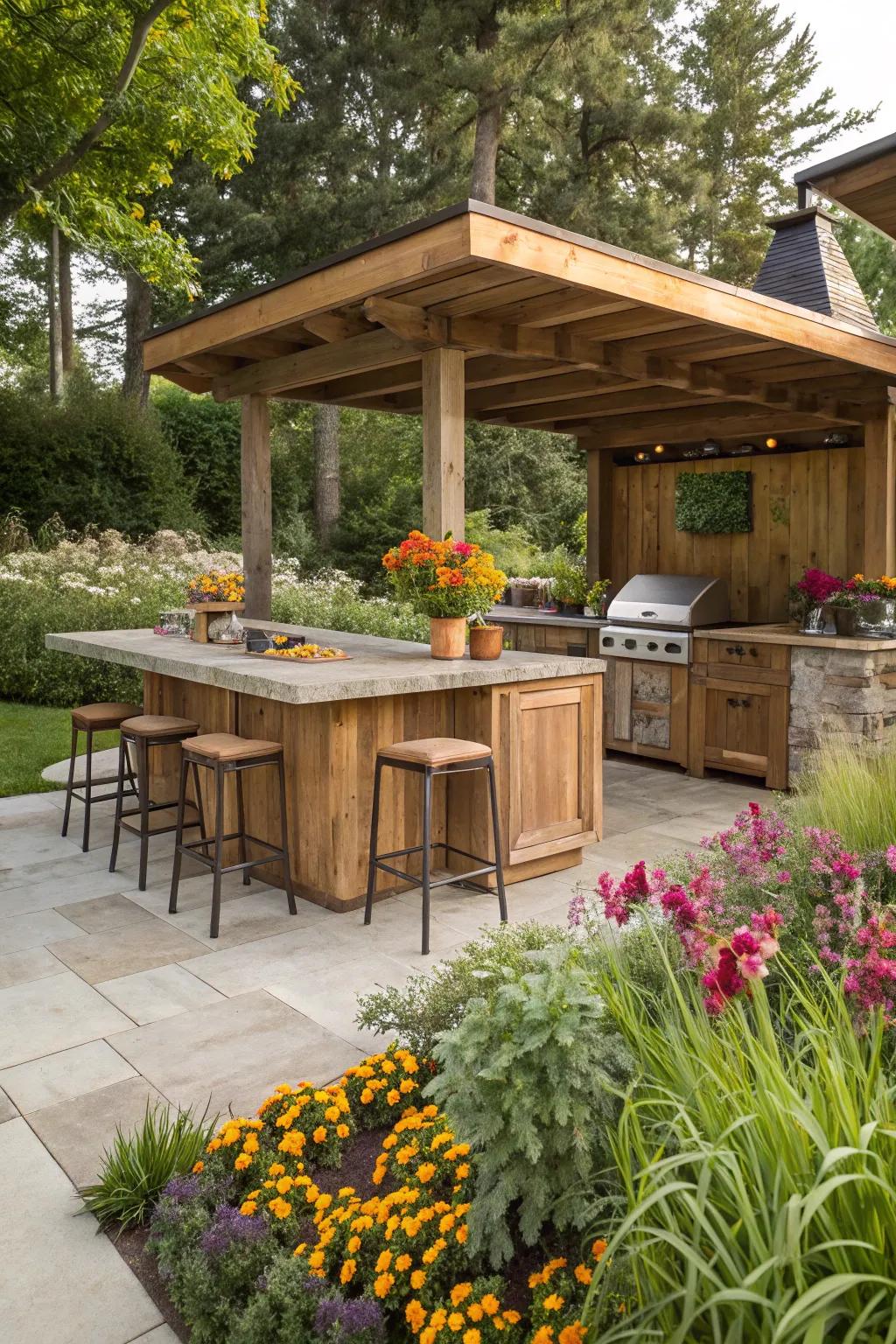 A versatile outdoor kitchen with convertible bar seating.