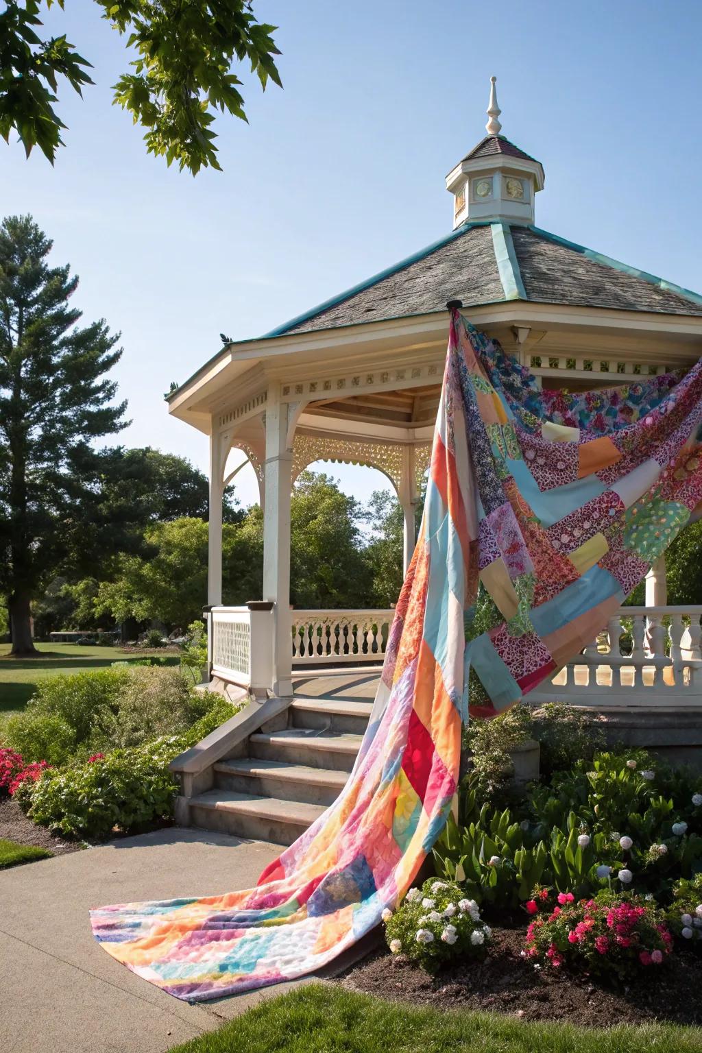 Hanging textiles fashion a vibrant and welcoming space in the park.