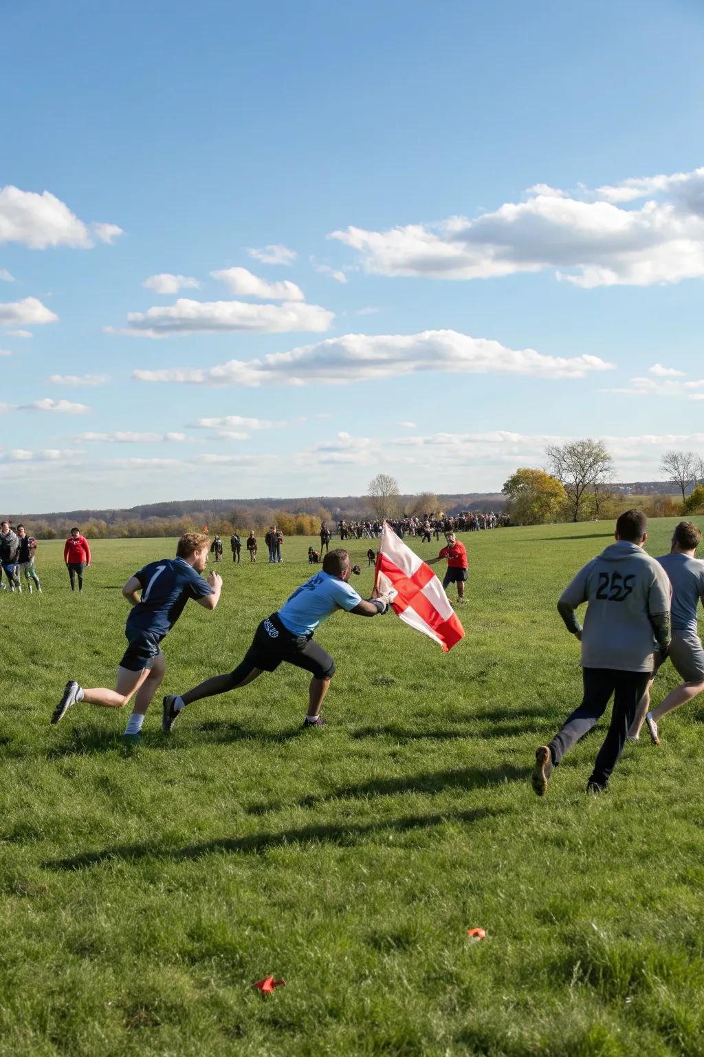 A secure the pennant game in progress across a spacious locale.