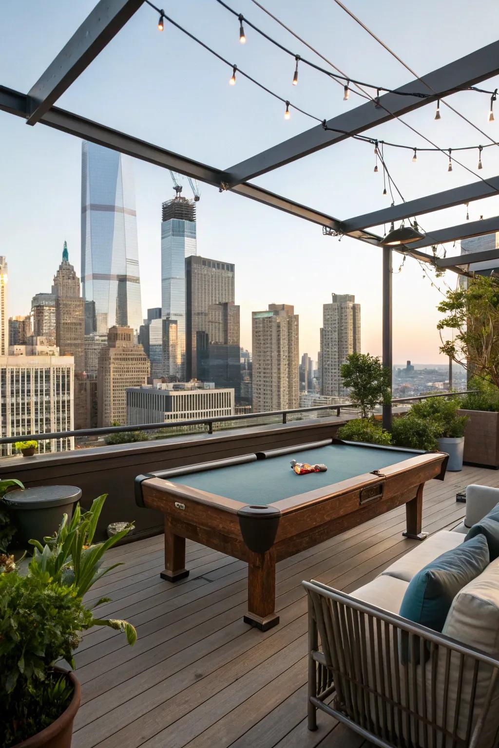A rooftop deck featuring a snooker table with stunning city views.