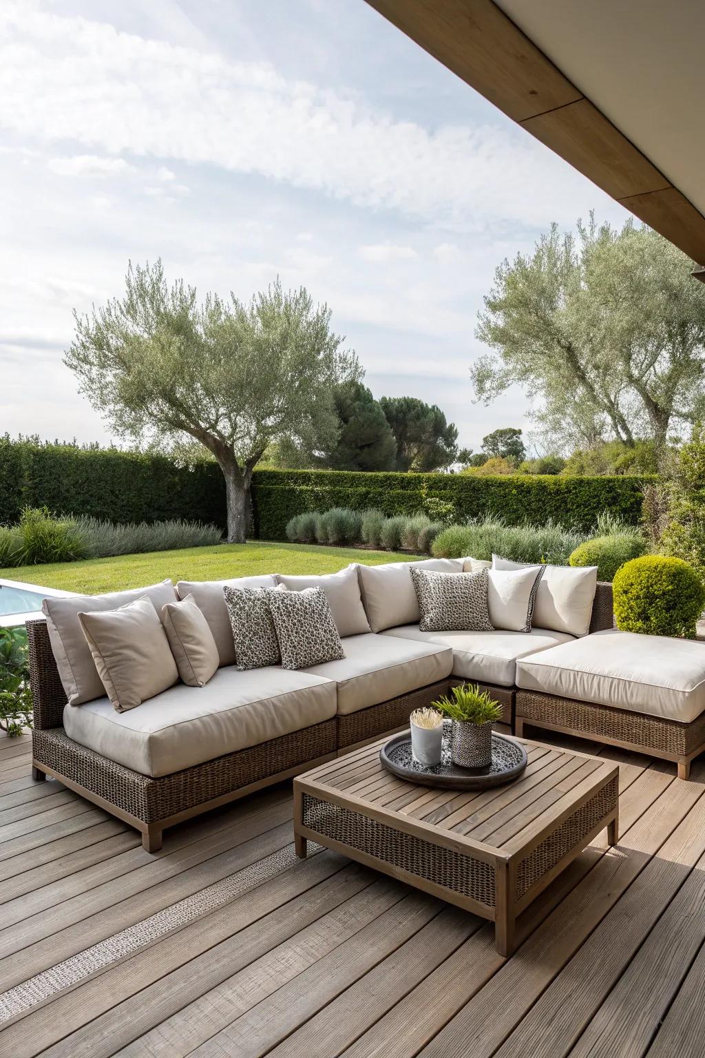 Outdoor modular sofas offer plentiful seating and a cozy environment for socializing.