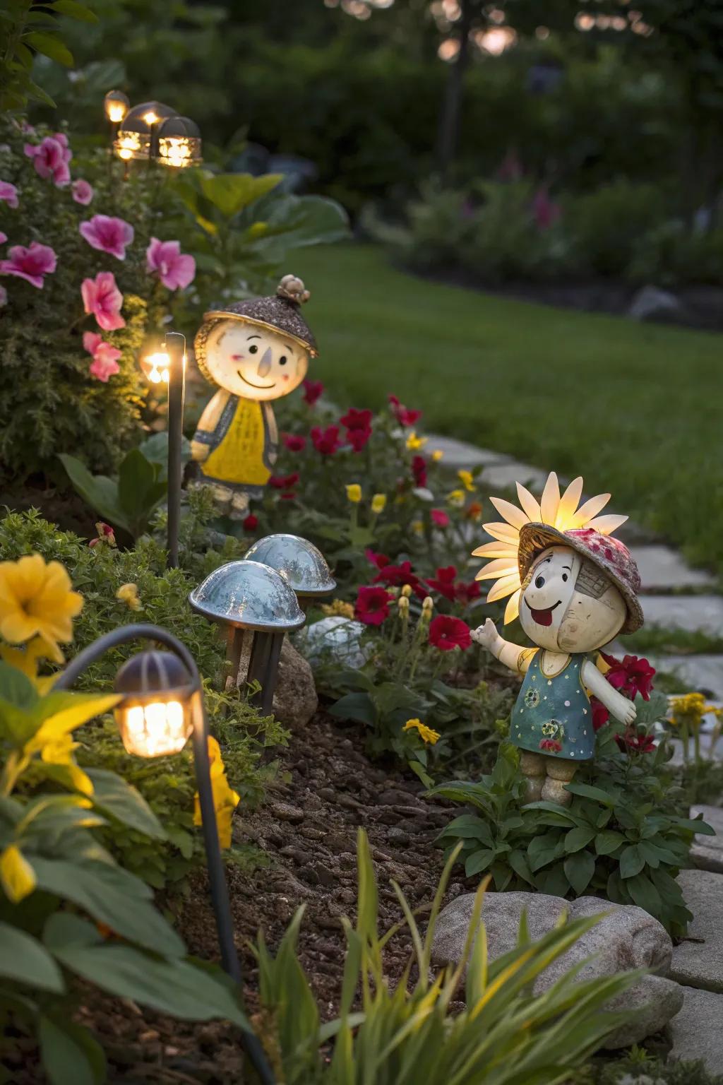Charming solar figurines bestow light and joy upon your garden's tranquil embrace.