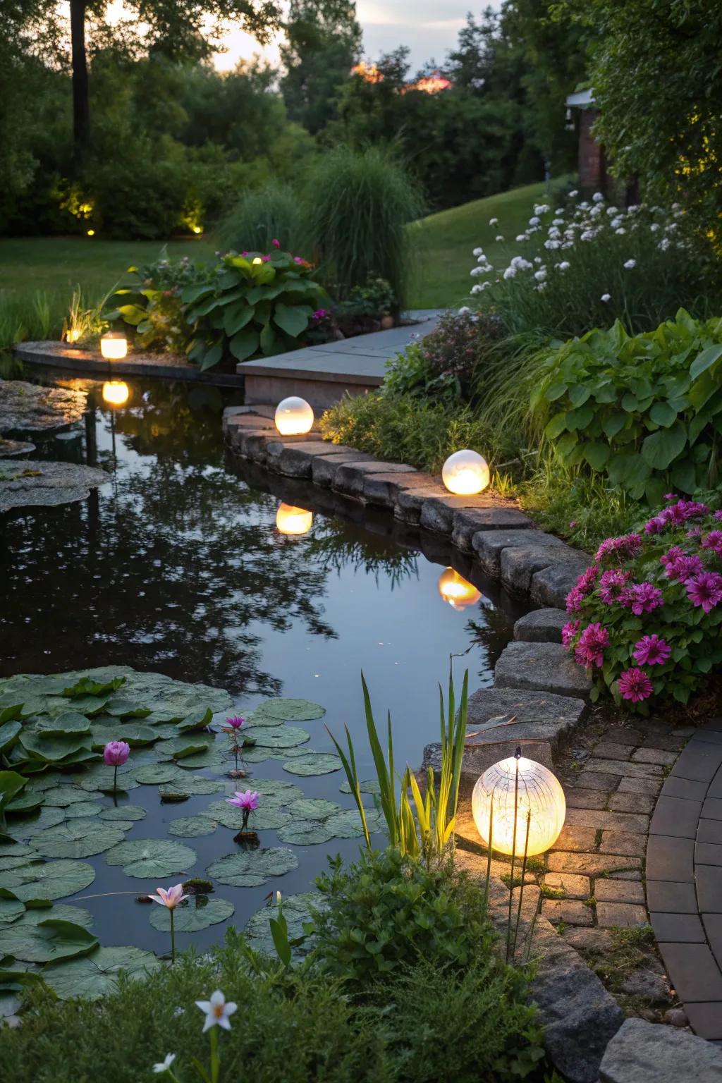 Impart drama to water features with reflective lighting.