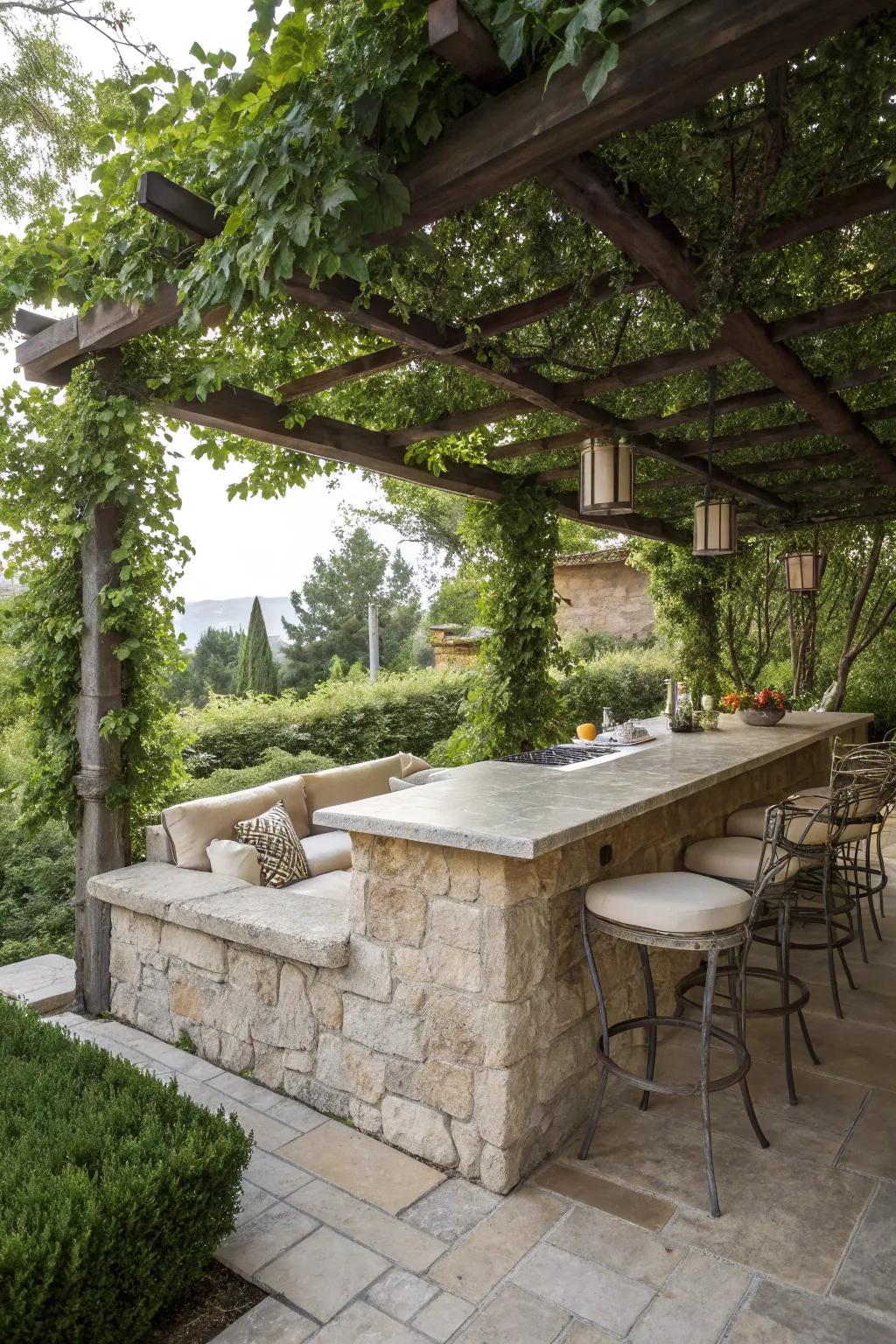 A refined stone bar under a charming pergola.