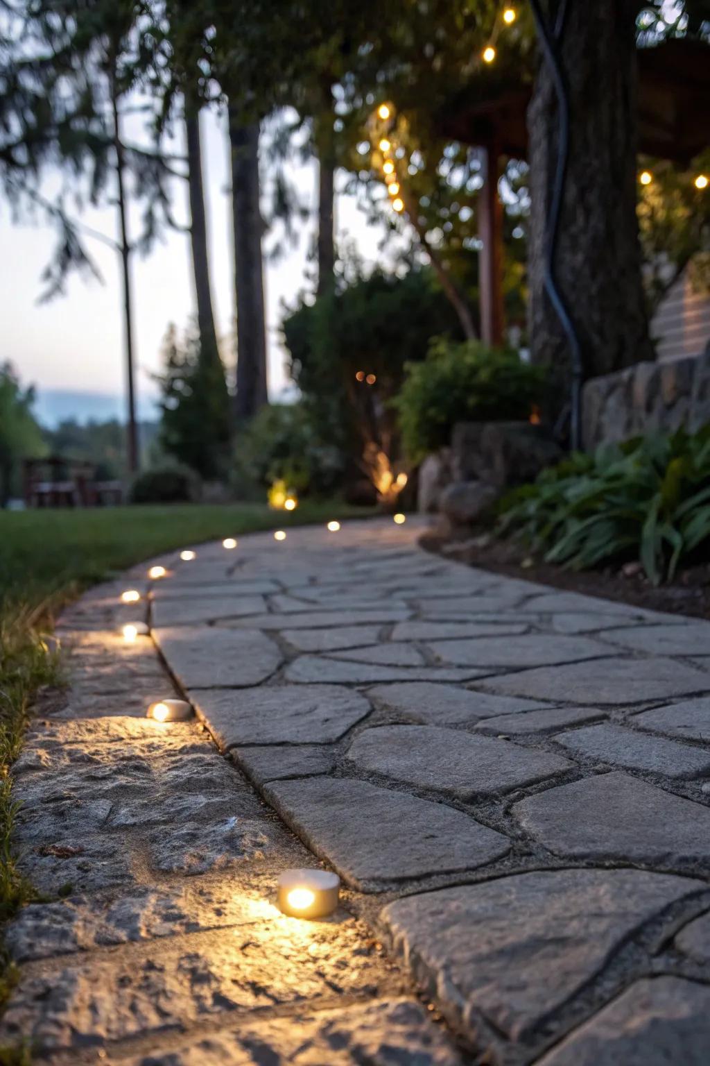 Stone-embedded lights for rustic charm.