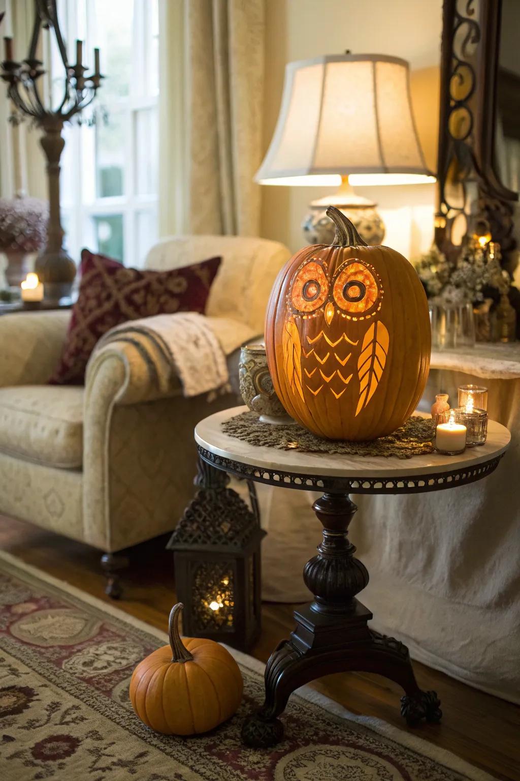A Roaring Twenties owl pumpkin incorporates a nostalgic element into your adornments.