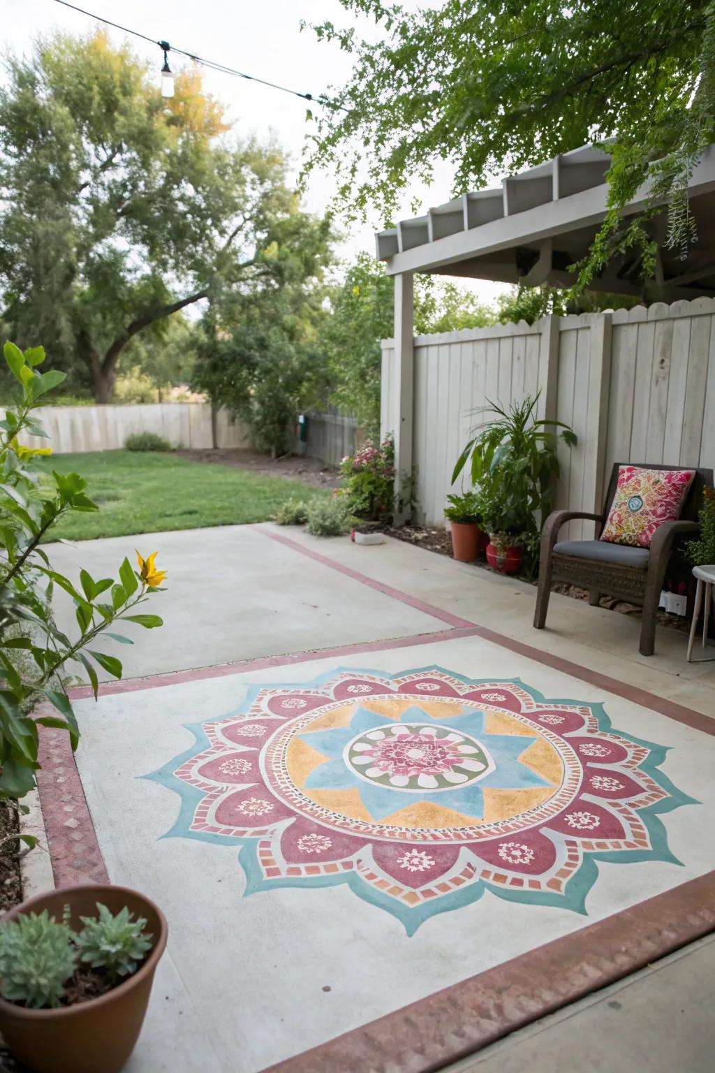 A painted false rug enhances warmth and arrangement within this patio area.