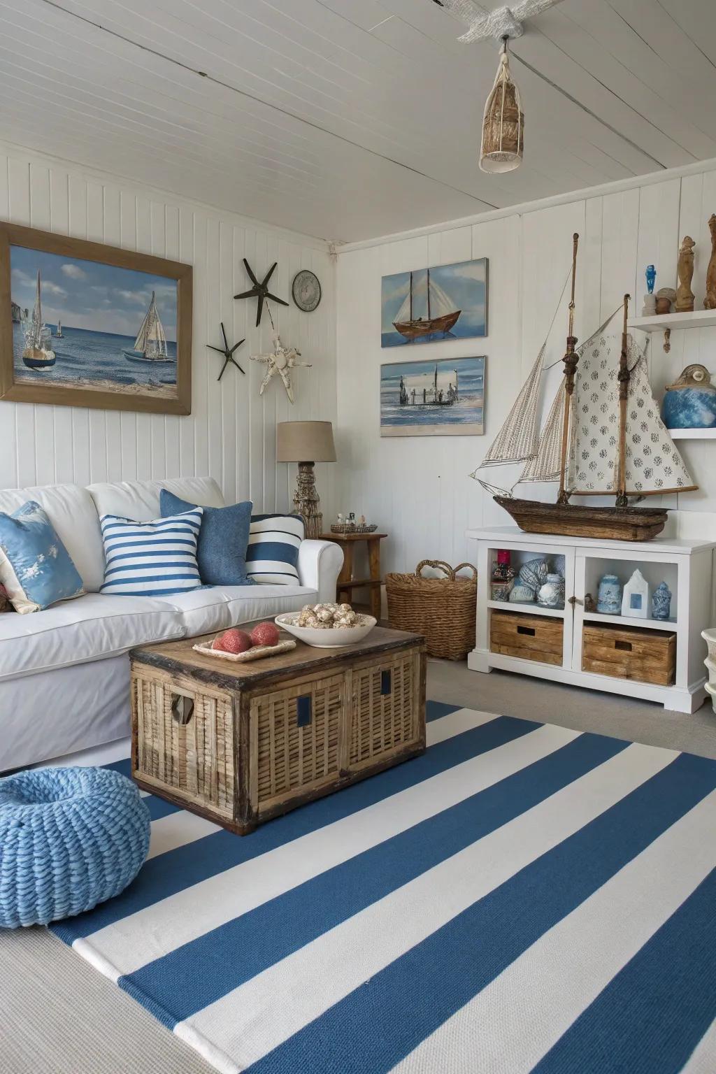 A family room transformed using coastal striation painted floors, capturing the essence of a beach cottage.