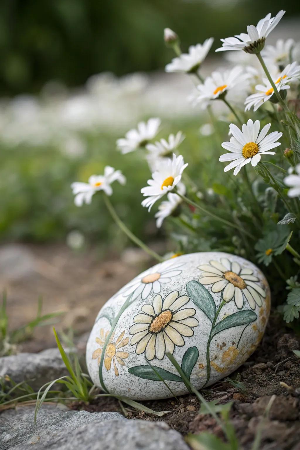 Celebrate the harmony of art and nature with these daisy-themed painted stones.